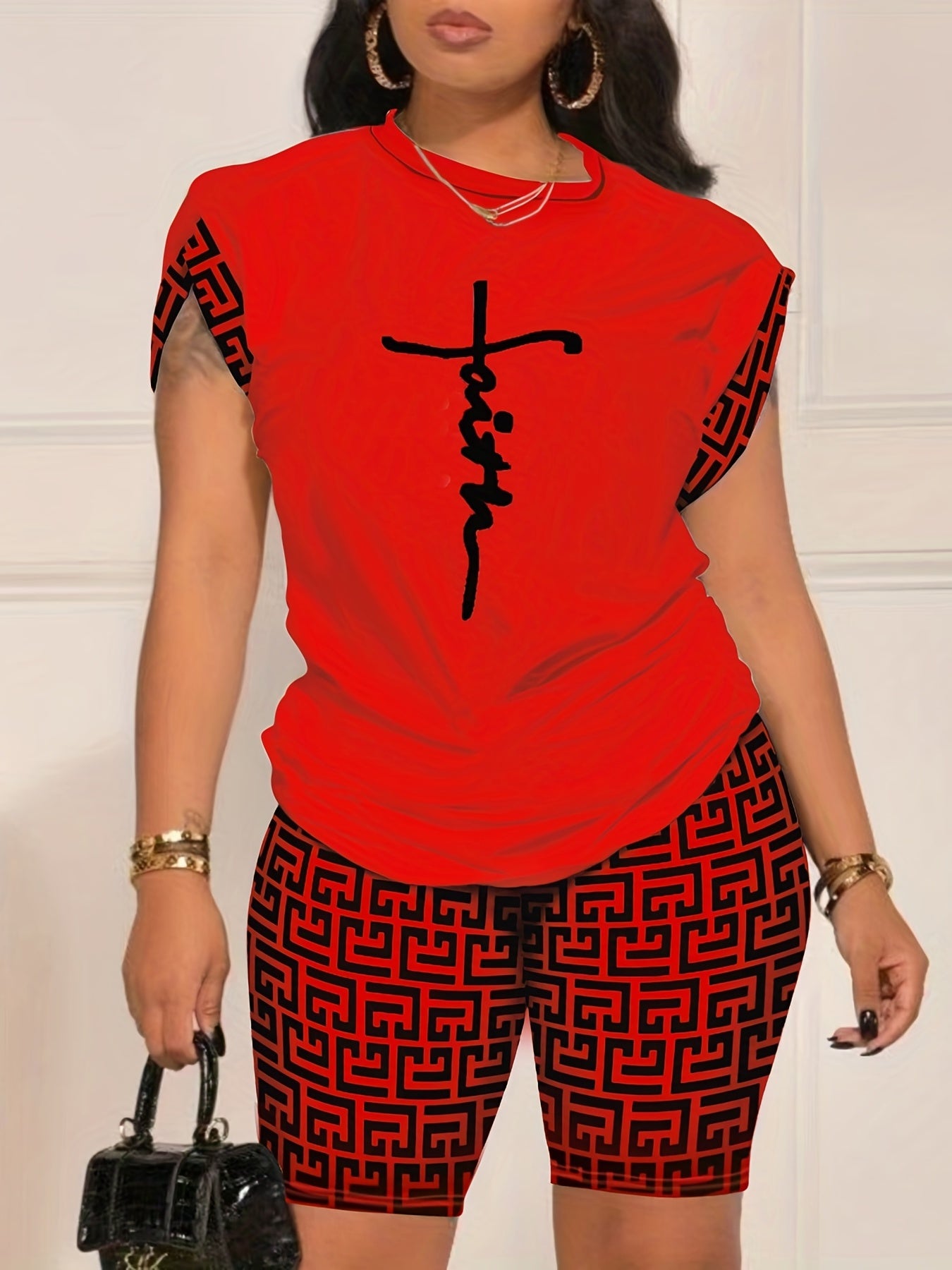 Two-Piece Geo Print Matching Set - Casual Short Sleeve Crew Neck T-Shirt & Biker Shorts Outfit - Polyester Knit Fabric, Mid Elasticity, Positioning Printing, All Seasons, Regular Fit