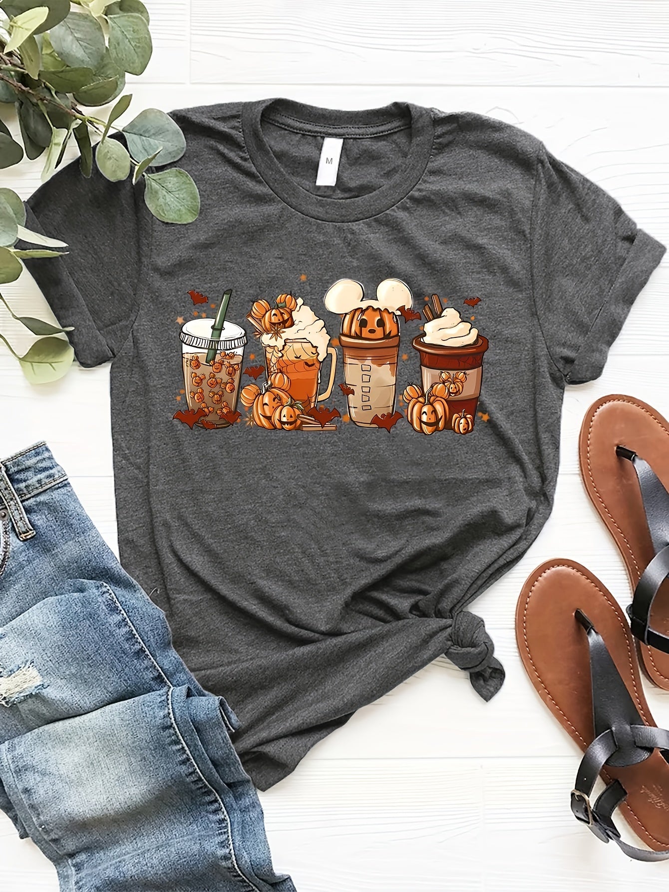 Halloween Drinking Print Summer T-shirt, Casual Short Sleeve Crew Neck Tee, Women's Clothing