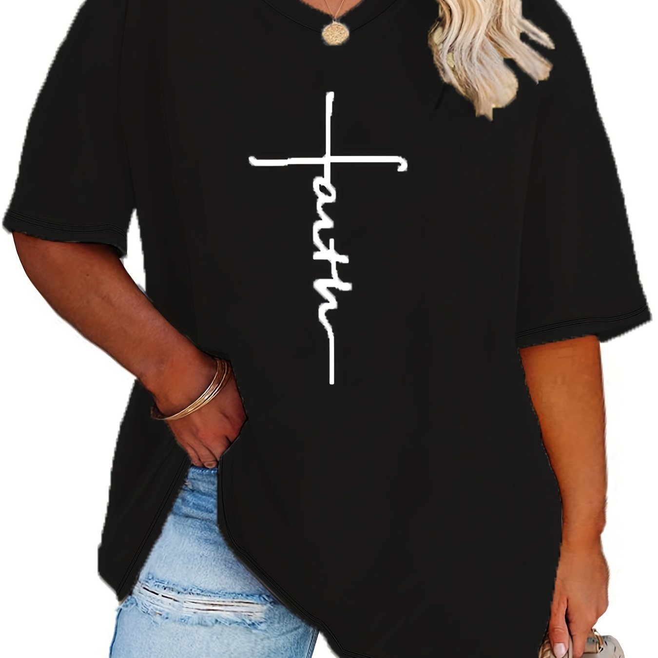 Plus Size Womens V Neck Casual T-shirt - Soft Slight Stretch Polyester Fabric, Alphabets Letter Print, Short Sleeve, Machine Washable - Perfect for Summer