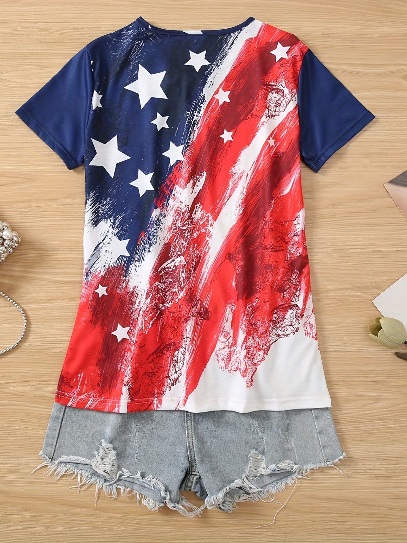 Patriotic Stretch-Cotton T-Shirt - Women's Casual Button-Up, American Flag Print, Perfect for Summer