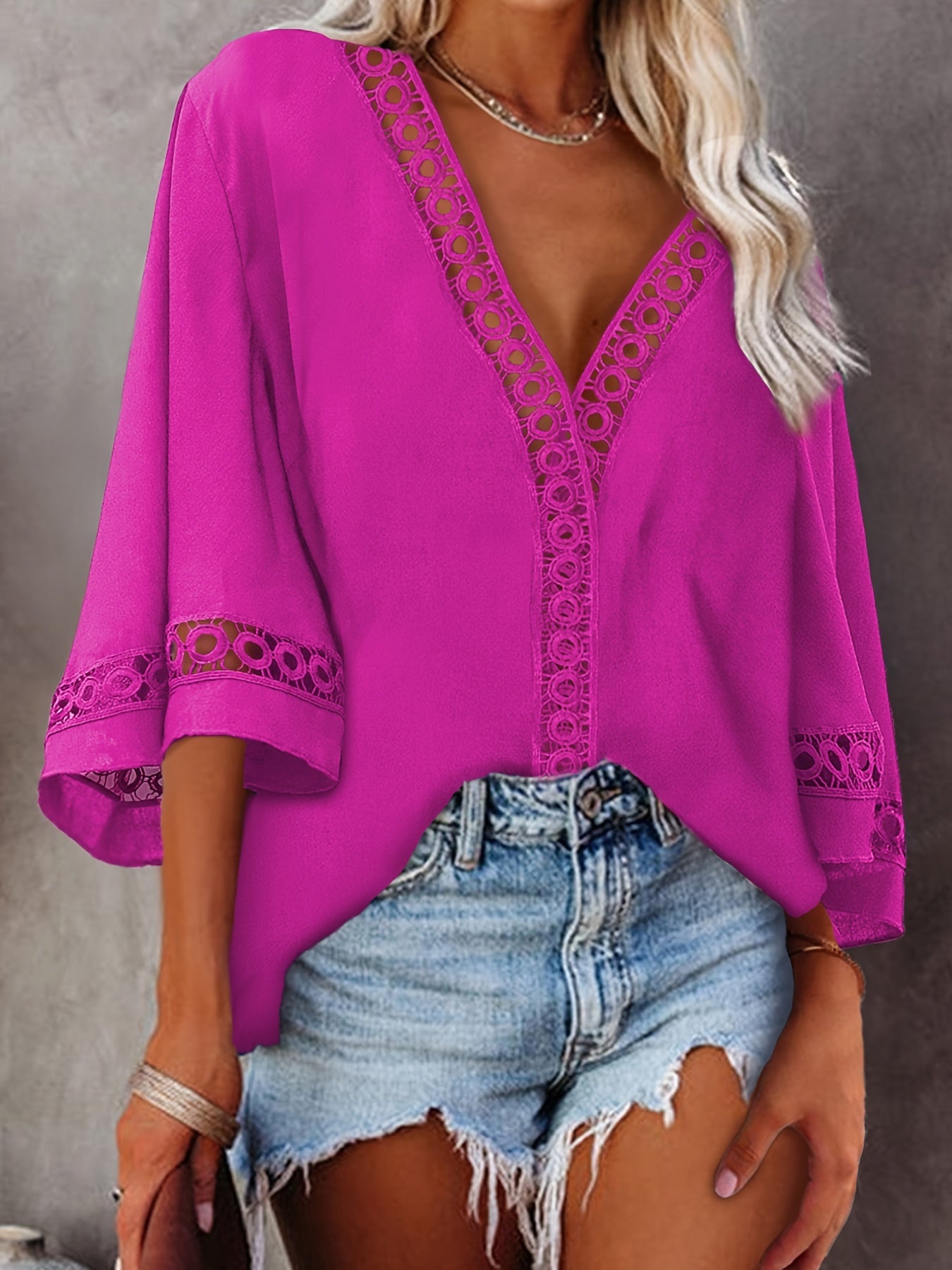Vibrant 3/4 Sleeve V Neck T-Shirt - Soft Slight Stretch Polyester Fabric, Casual Solid Color Design for Spring & Summer - Regular Length, No Printing, Micro Elasticity, and Woven Construction