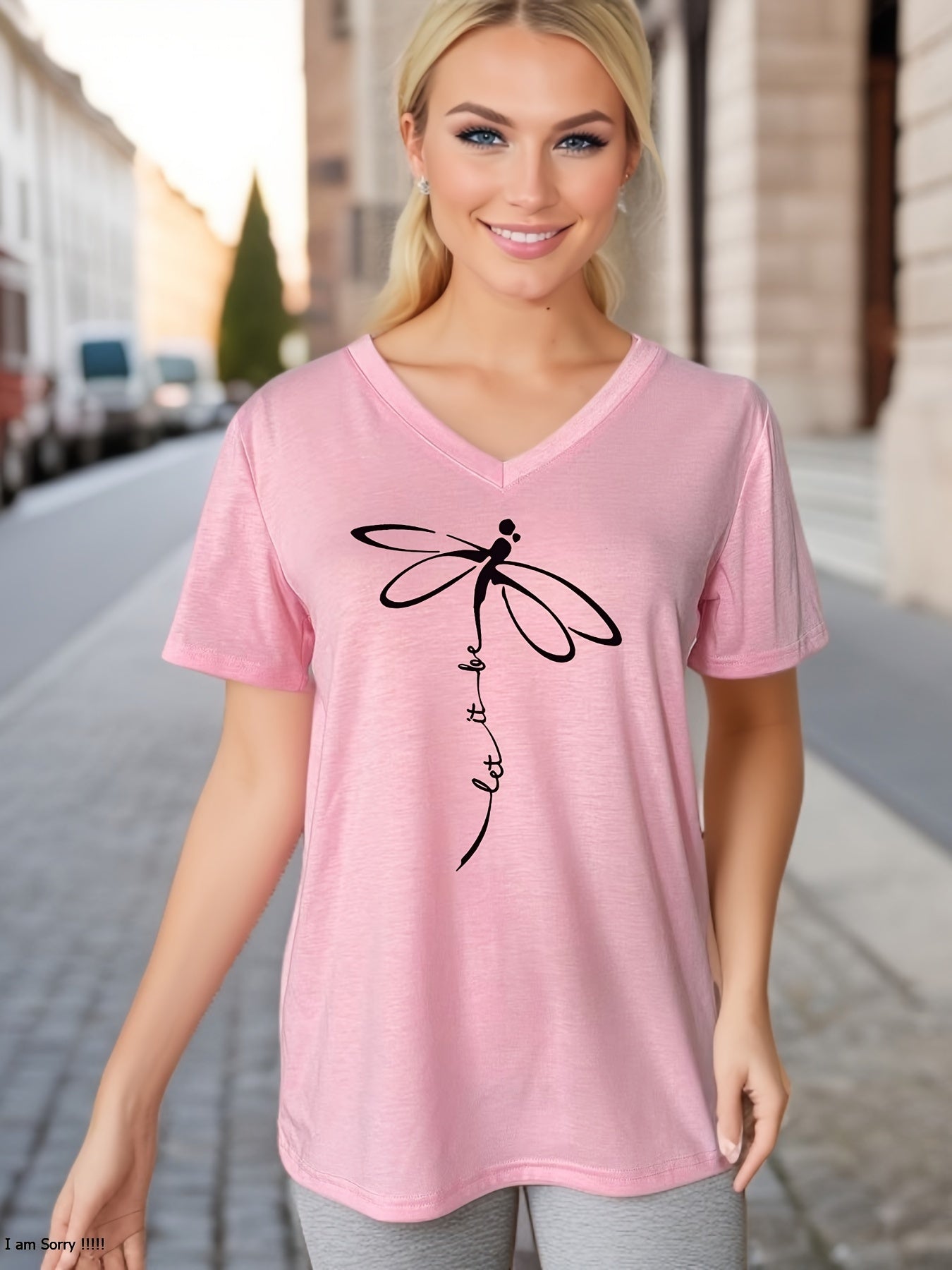 Stylish Dragonfly & Letter Print V Neck Short Sleeve T-shirt - Soft Micro Elasticity Polyester Fabric, Loose Fit, Anime Pattern, Pullover Style - Perfect for Spring, Summer, and Fall Casual Wear