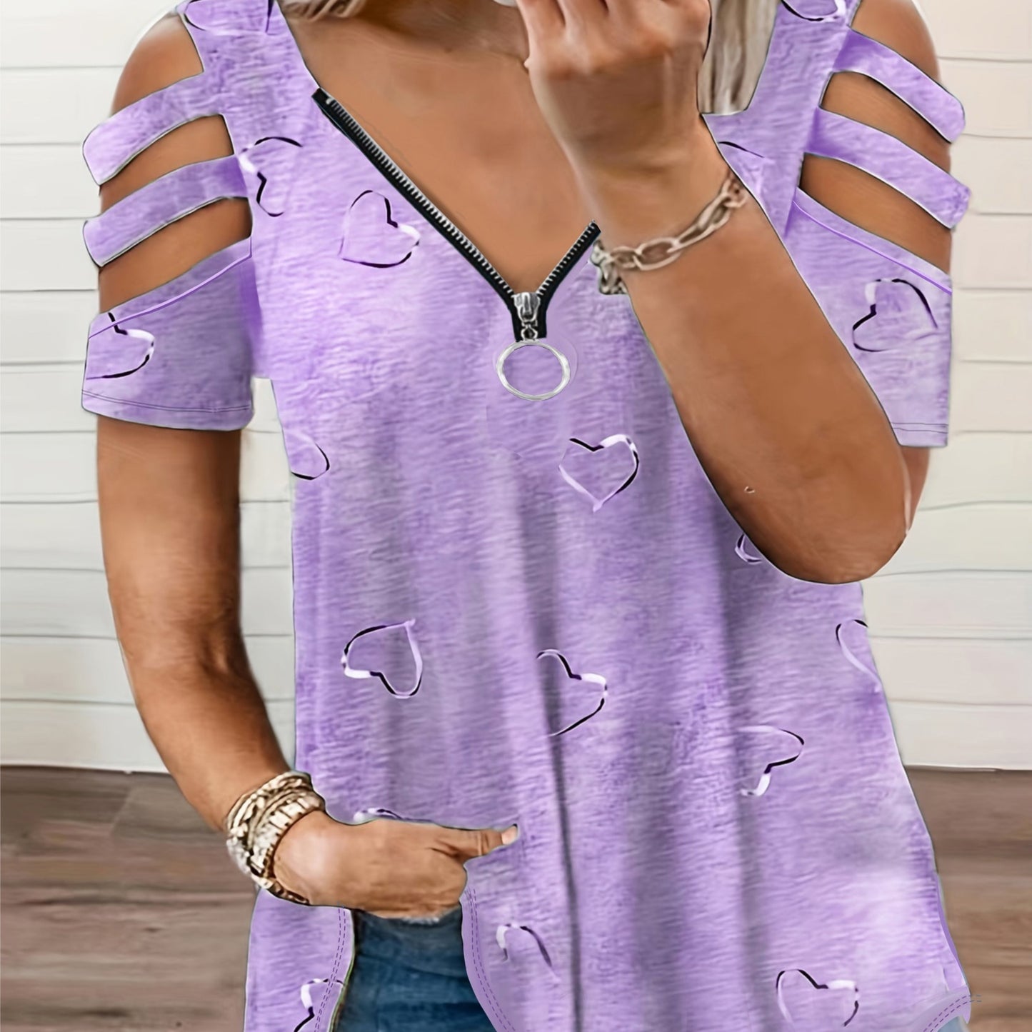 Women's Casual V-Neck Zip-Up T-Shirt with Unique Asymmetrical Geometric Print, Short Sleeves - Lightweight Polyester Blend, Perfect for Spring/Summer/Fall, Autumn Casualwear | Vneck Top | Smooth Fabric