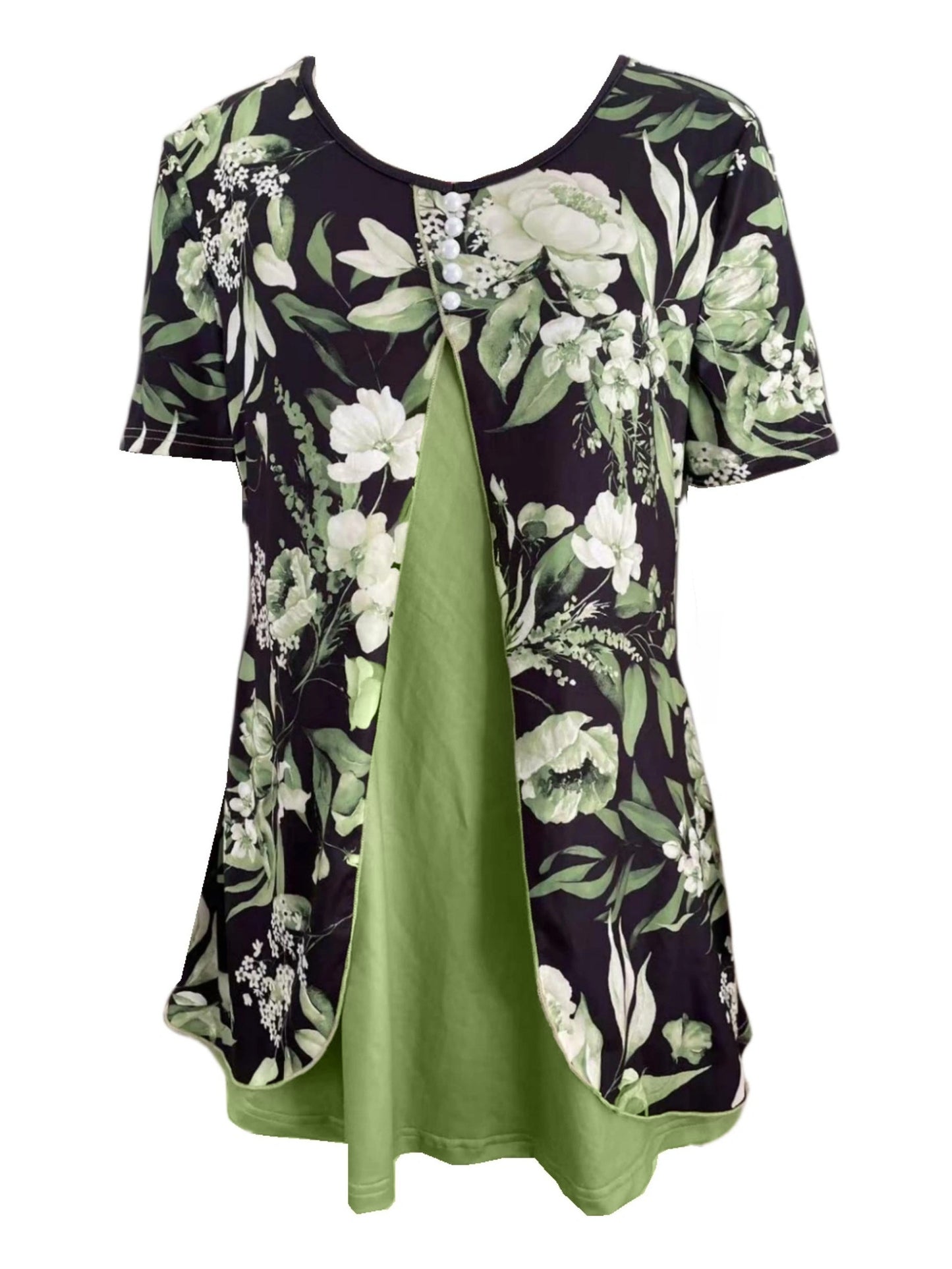 Charming Floral Print T-Shirt with Glamorous Faux Pearl Accents - Comfortable V Neck Short Sleeve Top - Ideal Casual Wear for Spring & Summer - Womens Fashion Essential