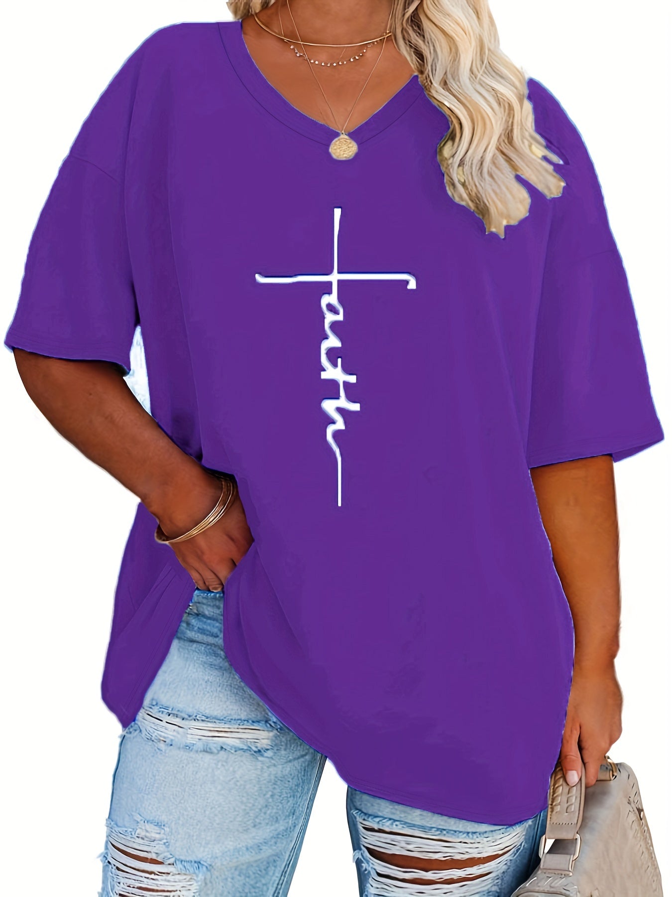 Plus Size Womens V Neck Casual T-shirt - Soft Slight Stretch Polyester Fabric, Alphabets Letter Print, Short Sleeve, Machine Washable - Perfect for Summer