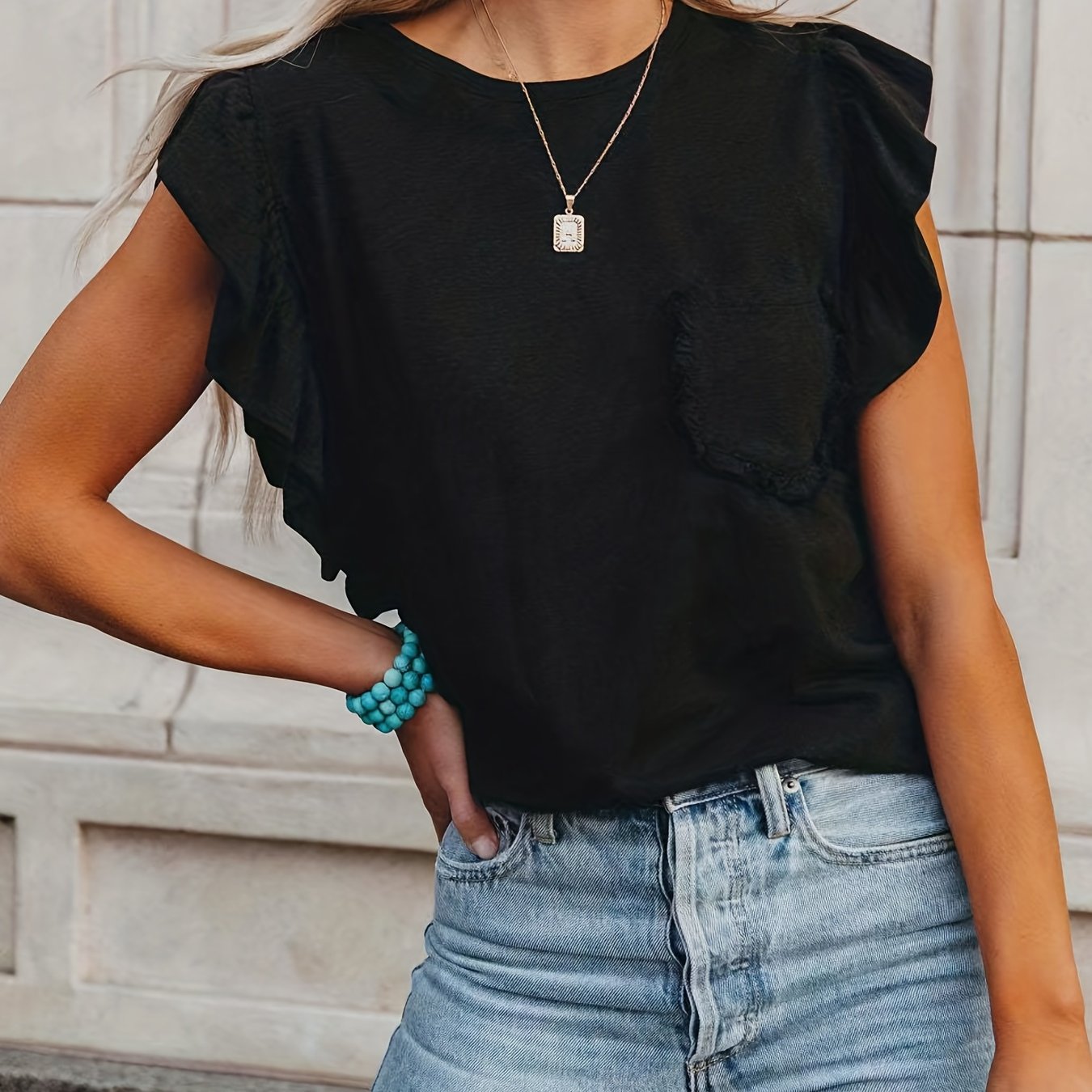 Flirty Ruffle Trim T-shirt - Versatile Solid Color, Crew Neck with Pocket - Perfect Summer Wear for Women