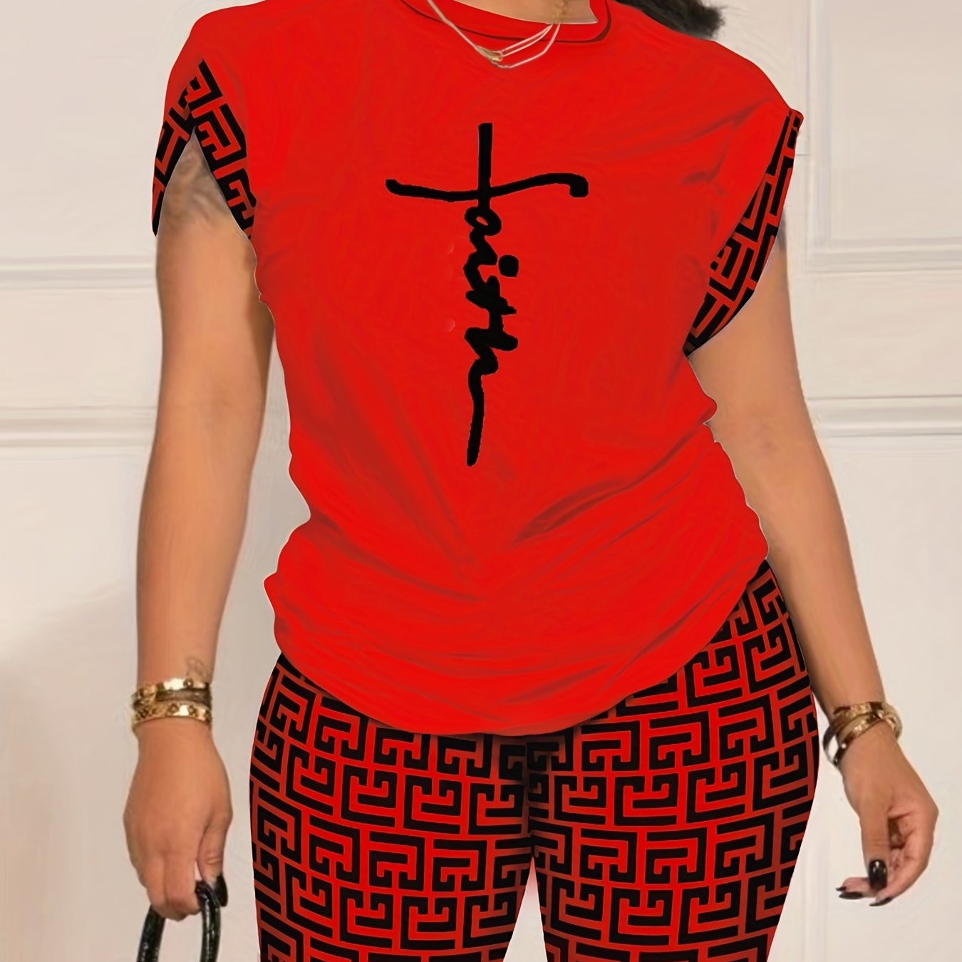 Two-Piece Geo Print Matching Set - Casual Short Sleeve Crew Neck T-Shirt & Biker Shorts Outfit - Polyester Knit Fabric, Mid Elasticity, Positioning Printing, All Seasons, Regular Fit