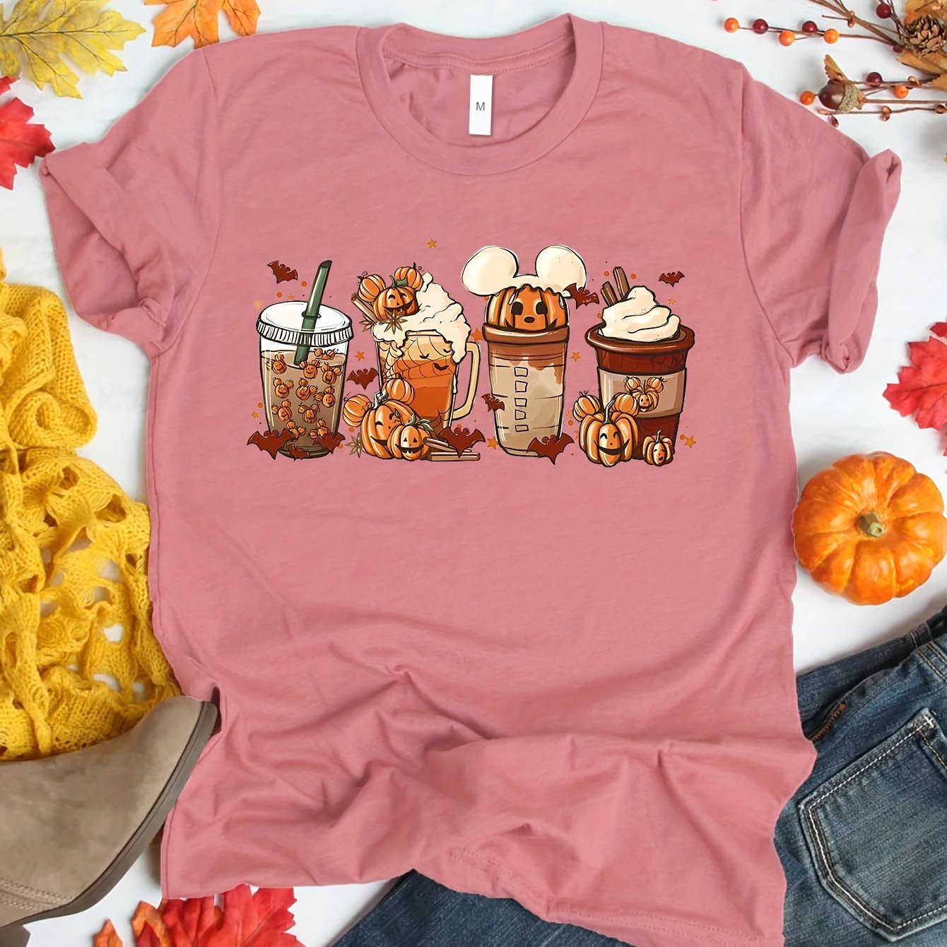 Halloween Drinking Print Summer T-shirt, Casual Short Sleeve Crew Neck Tee, Women's Clothing