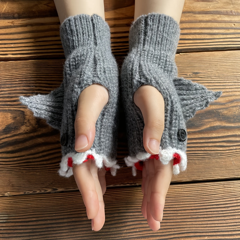 1pair Funny Handmade Shark Gloves - Wool Winter Warm Half-finger Gloves for Christmas Gifts