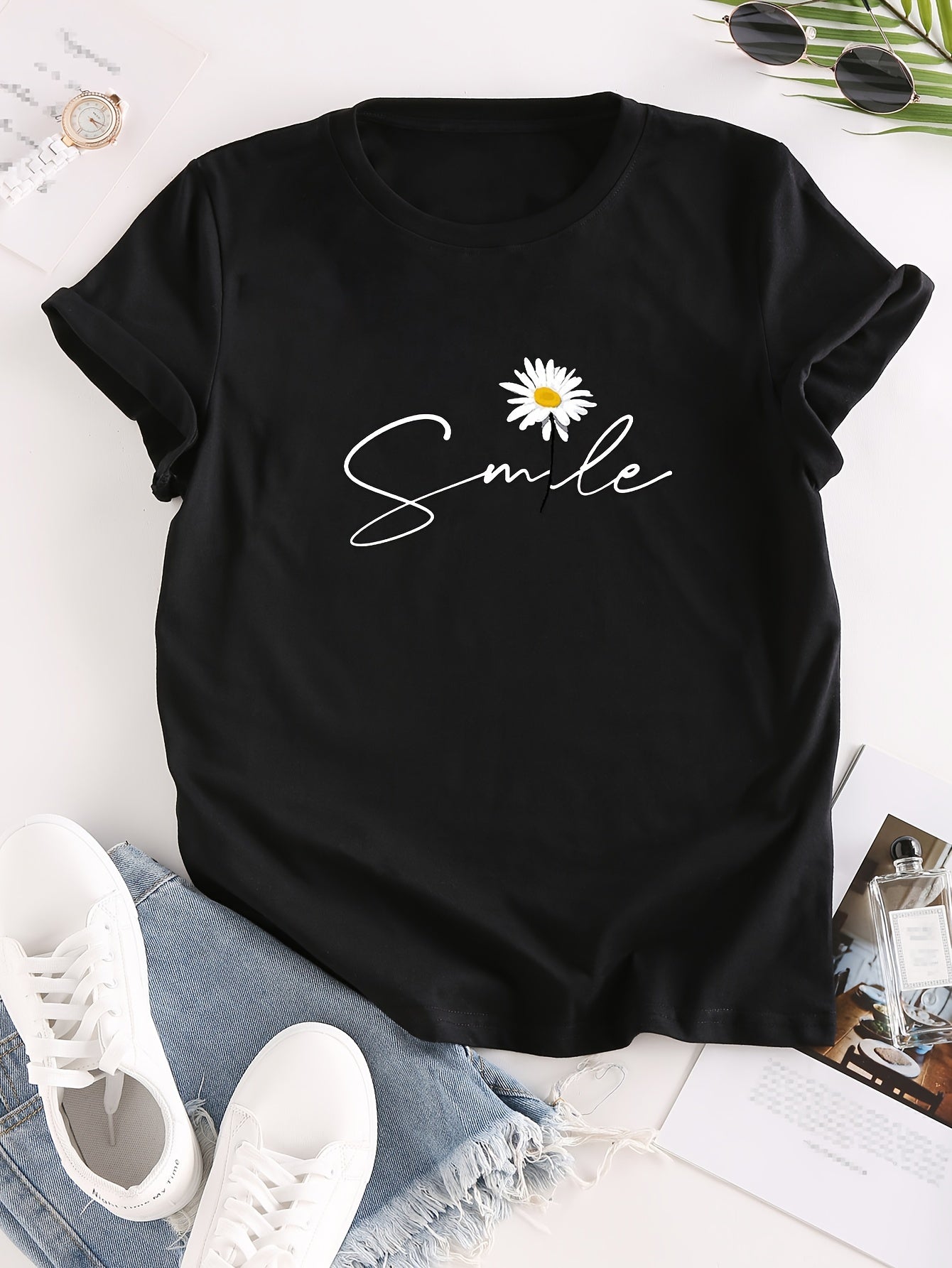 Vibrant Flower & Letter Print Crew Neck T-Shirt - Relaxed Fit, Short Sleeve, Classic Style - Perfect for Spring and Summer, Womens Casual Clothing