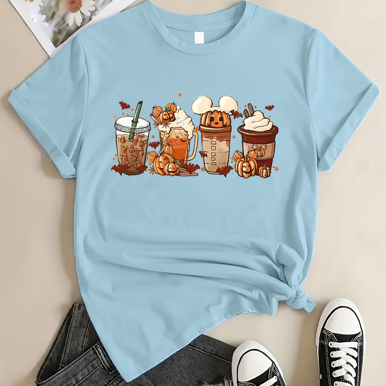 Halloween Drinking Print Summer T-shirt, Casual Short Sleeve Crew Neck Tee, Women's Clothing