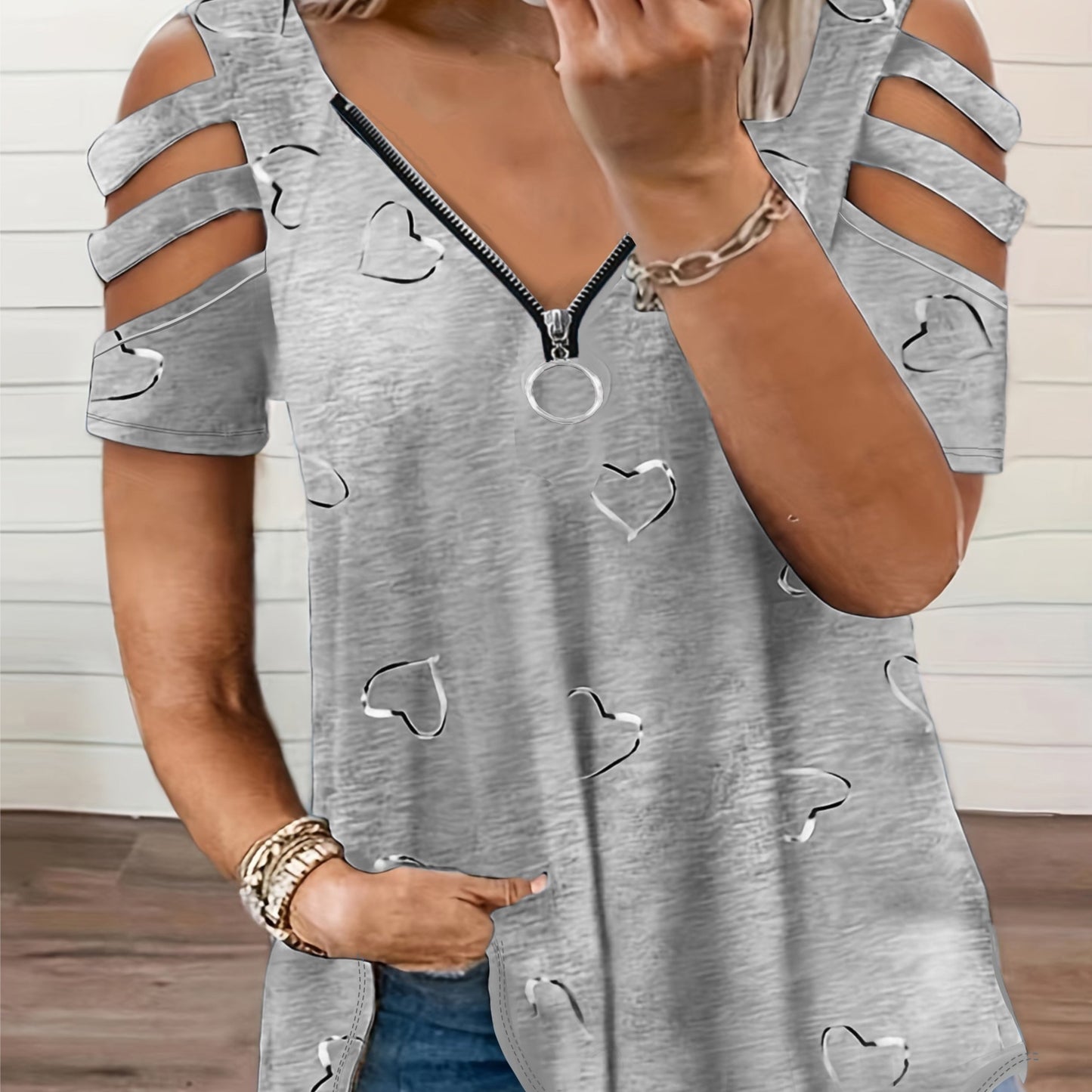 Women's Casual V-Neck Zip-Up T-Shirt with Unique Asymmetrical Geometric Print, Short Sleeves - Lightweight Polyester Blend, Perfect for Spring/Summer/Fall, Autumn Casualwear | Vneck Top | Smooth Fabric
