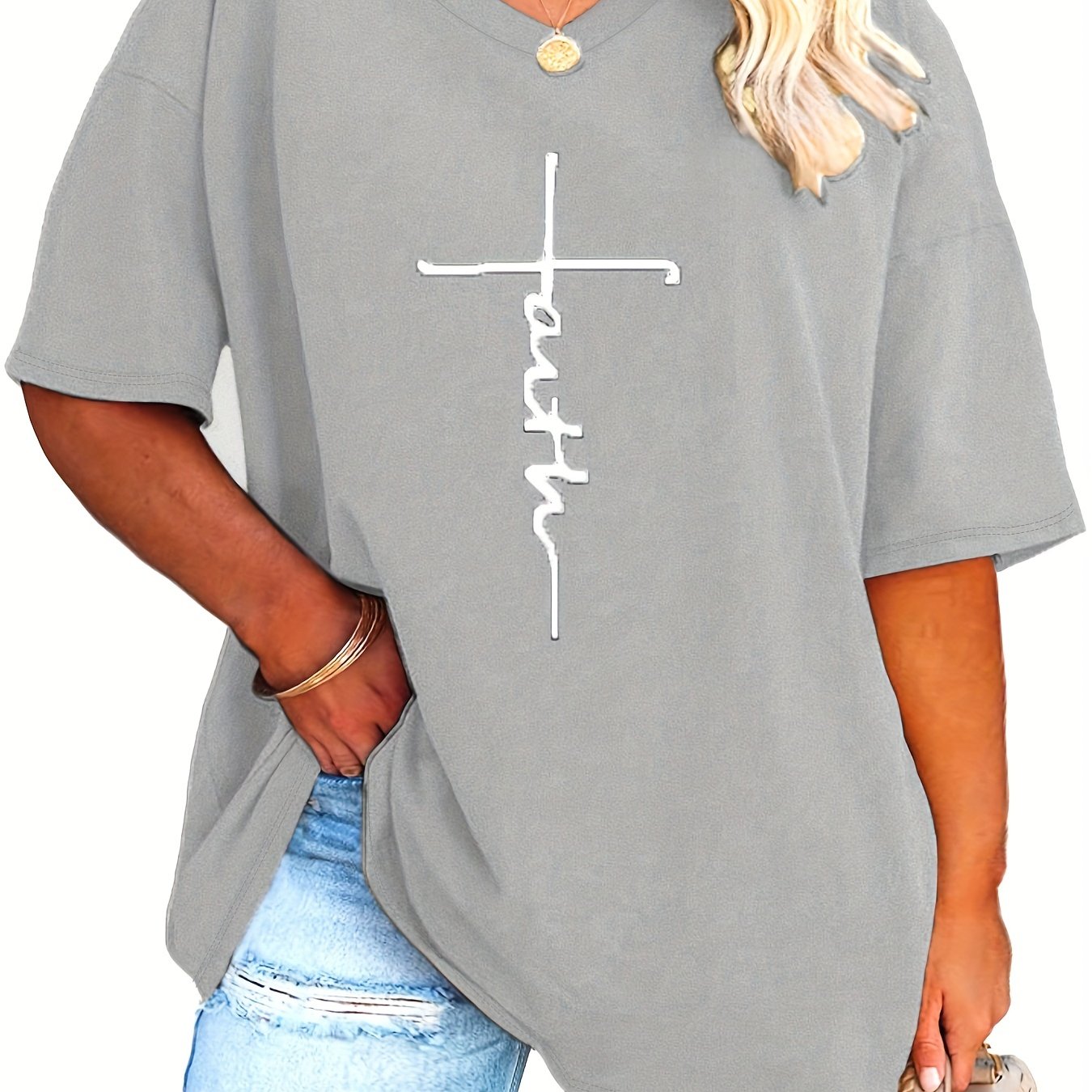 Plus Size Womens V Neck Casual T-shirt - Soft Slight Stretch Polyester Fabric, Alphabets Letter Print, Short Sleeve, Machine Washable - Perfect for Summer
