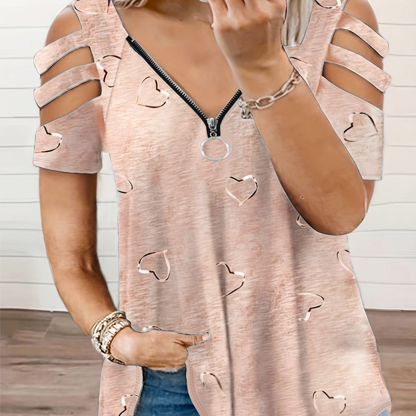Women's Casual V-Neck Zip-Up T-Shirt with Unique Asymmetrical Geometric Print, Short Sleeves - Lightweight Polyester Blend, Perfect for Spring/Summer/Fall, Autumn Casualwear | Vneck Top | Smooth Fabric