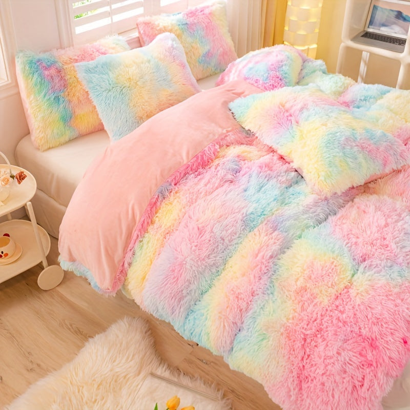 3pcs Y2K Tie Dye Plush Duvet Cover Set ( 1 Duvet Cover + 2 Pillowcase), Soft & Warm Bedding Set
