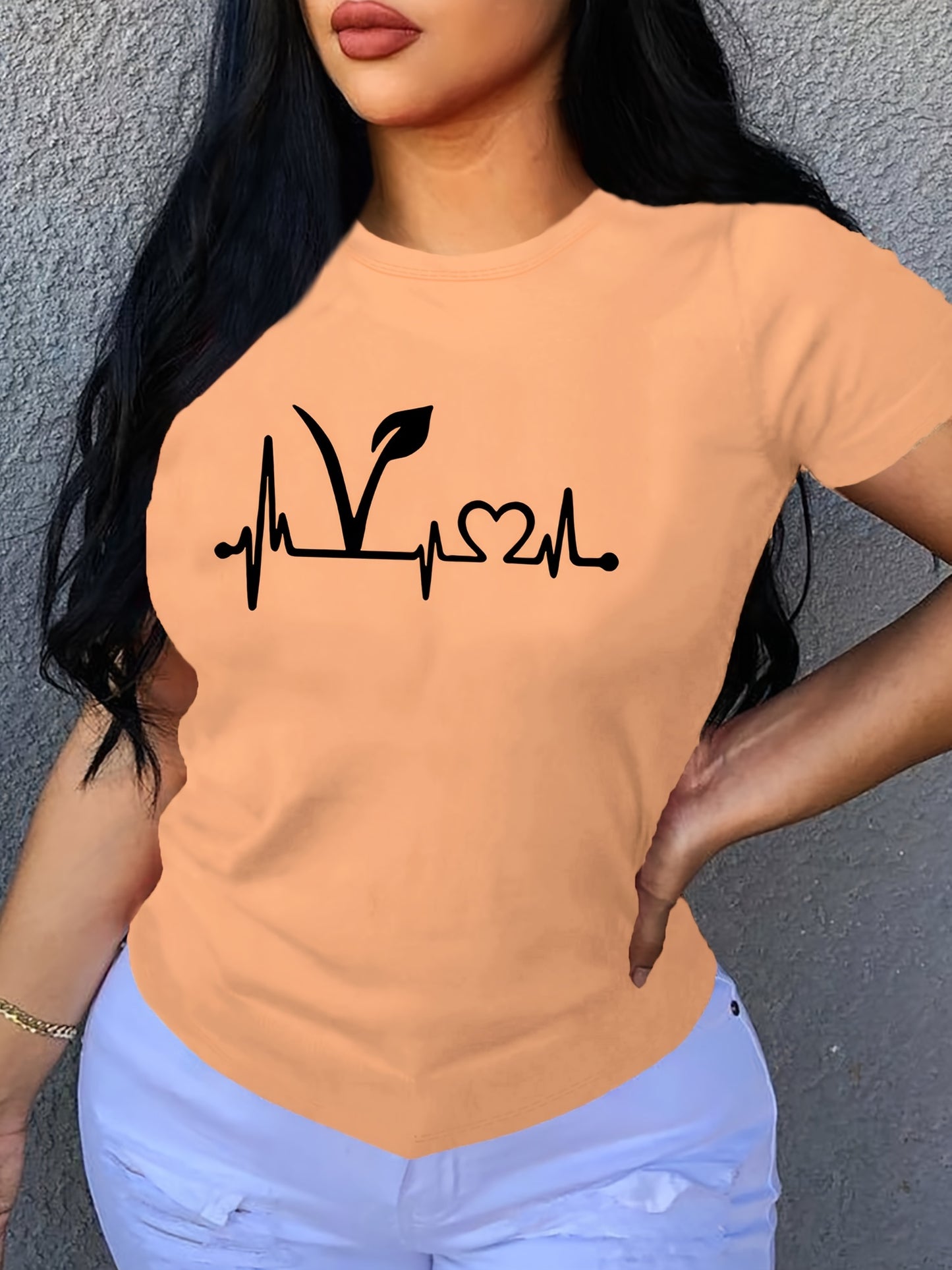 Plant Print Short Sleeve T-Shirt, Crew Neck Casual Top For Summer & Spring, Women's Clothing