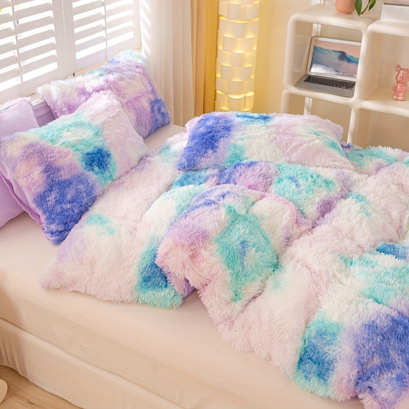 3pcs Y2K Tie Dye Plush Duvet Cover Set ( 1 Duvet Cover + 2 Pillowcase), Soft & Warm Bedding Set