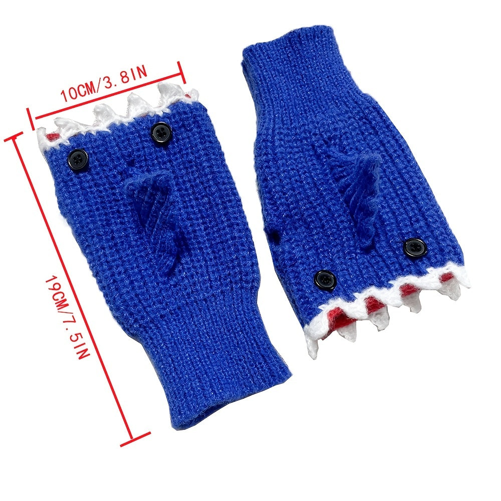 1pair Funny Handmade Shark Gloves - Wool Winter Warm Half-finger Gloves for Christmas Gifts