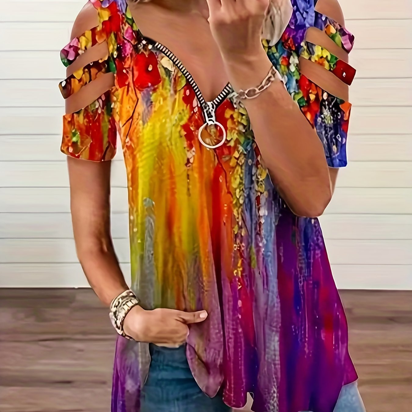 Cut Out Sleeve Colorful Print T-shirt, Casual Zipper Front Summer T-shirt, Women's Clothing
