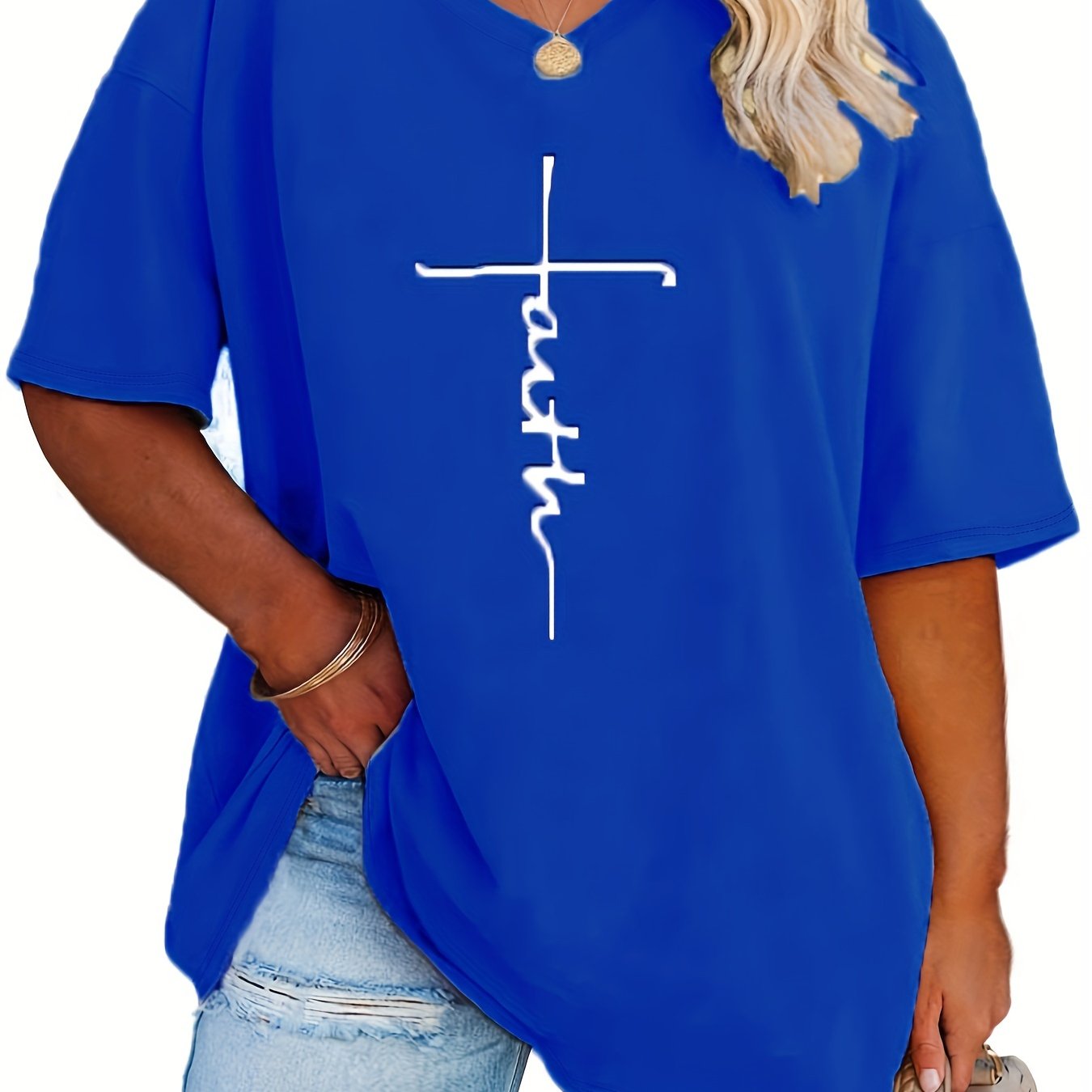 Plus Size Womens V Neck Casual T-shirt - Soft Slight Stretch Polyester Fabric, Alphabets Letter Print, Short Sleeve, Machine Washable - Perfect for Summer
