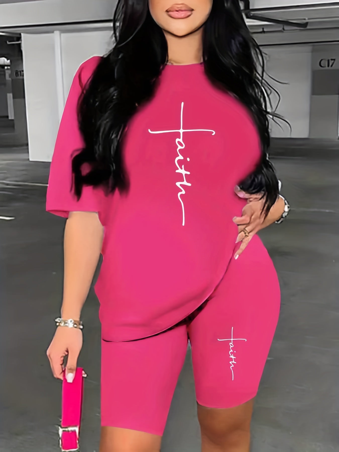 2-Piece Faith & Cross Print Crew Neck Short Sleeve T-Shirt & Shorts Set - Soft Mid-Elasticity Polyester Knit Fabric, Striped Pattern, Positioning Printing, Perfect for Spring & Summer Casual Wear