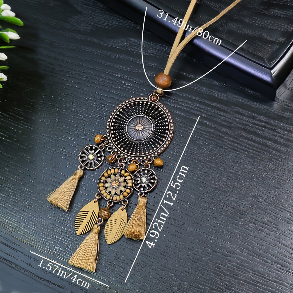 Brown Boho Ladies Pendant Necklace 1 Round Hollow Pendant Set With Rhinestone And Khaki Chain Tassel Jewelry