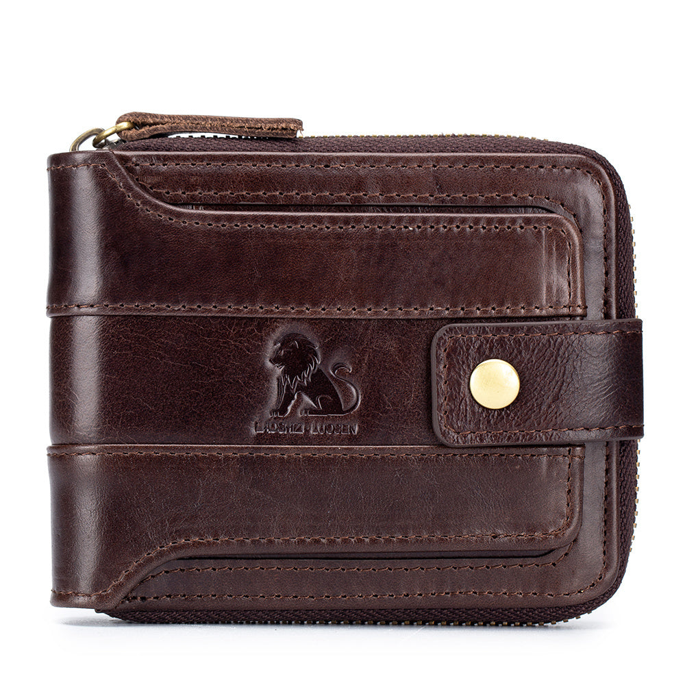 Men's Retro Genuine Leather Multi-Card Wallet with Zip, Large Capacity, Anti-Theft