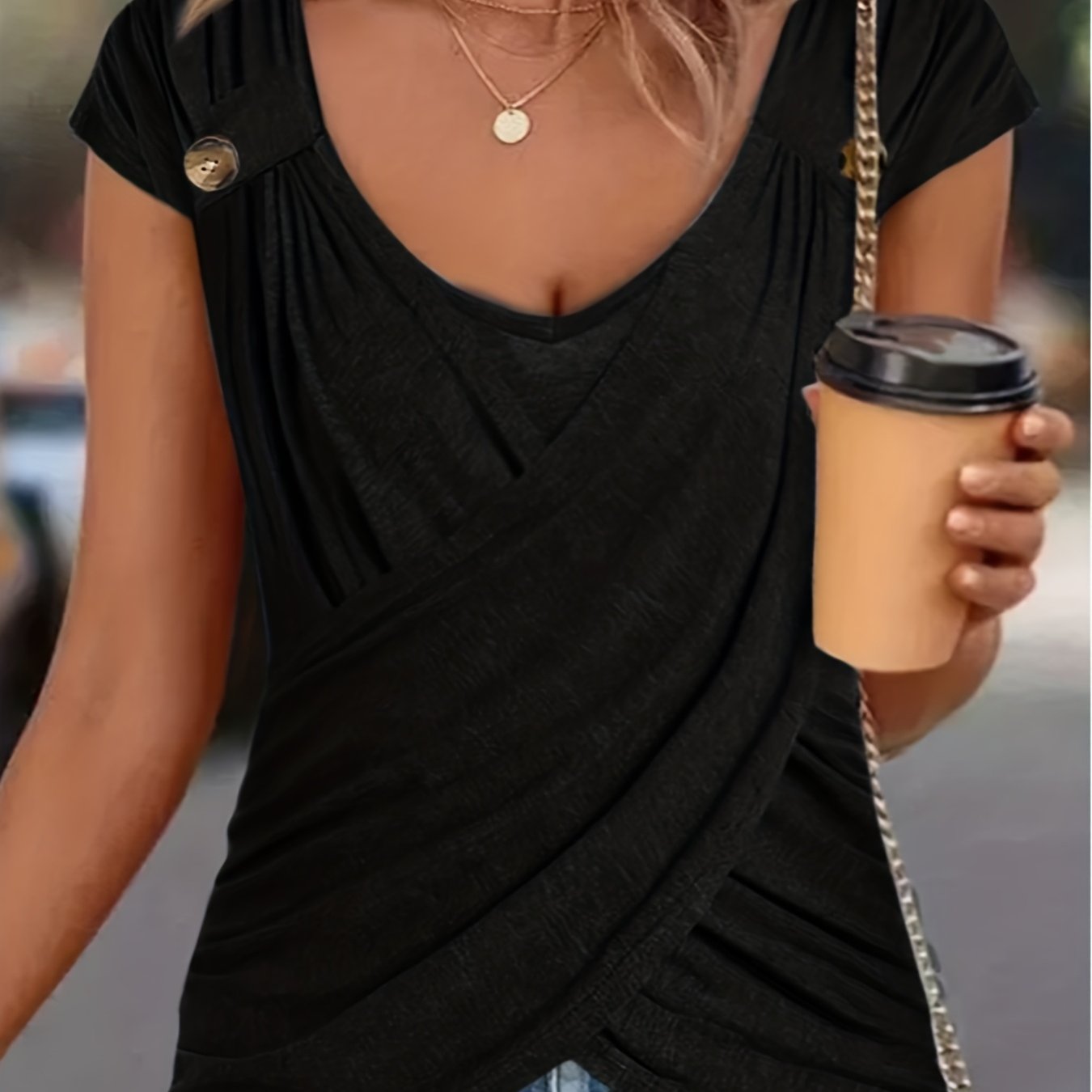 Ruched Button Decor Crew Neck T-Shirt, Casual Short Sleeve Top For Spring & Summer, Women's Clothing