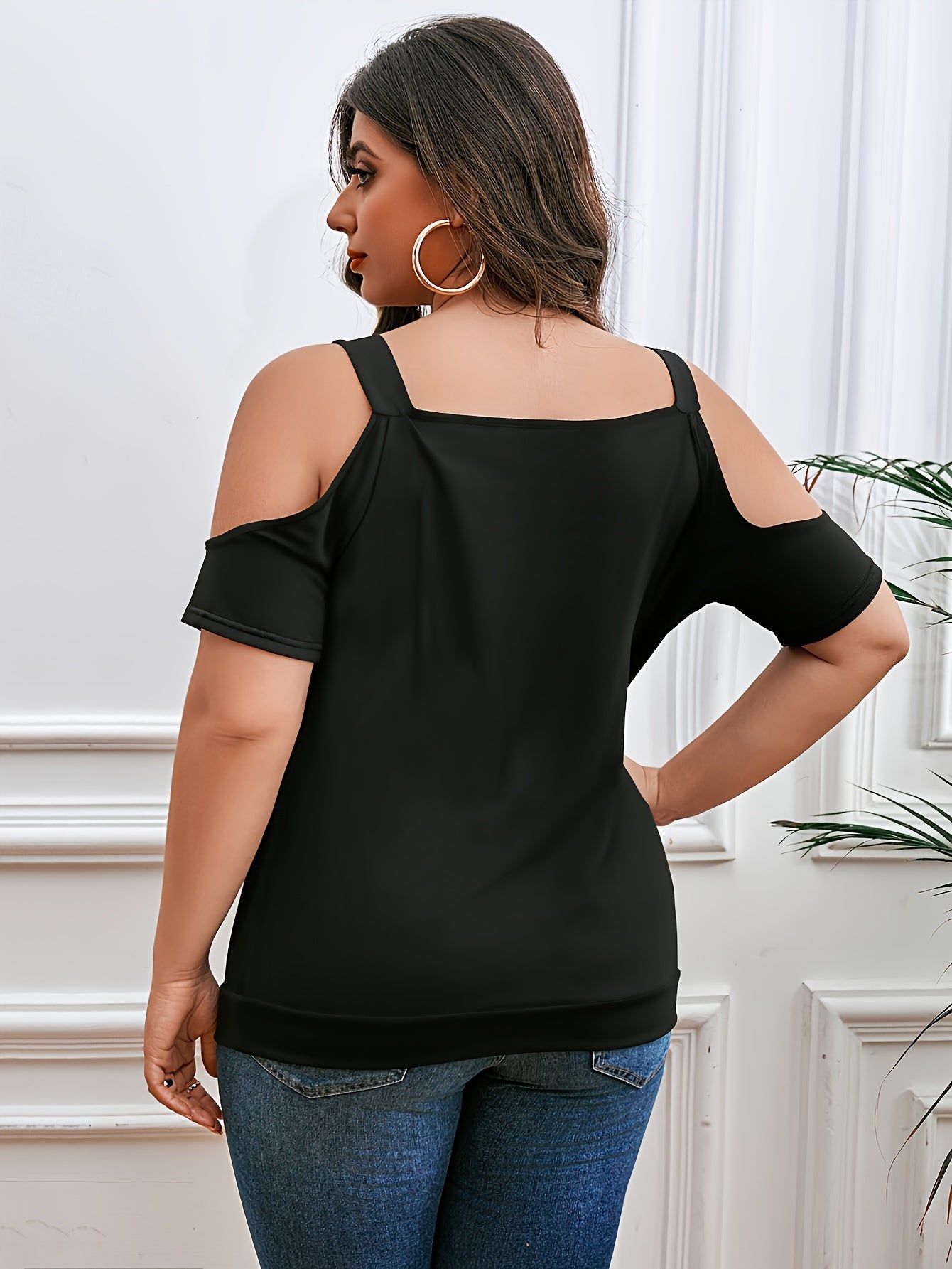 Plus Size Elegant T-shirt - Flattering Fit, Trendy Cold Shoulder, Exquisite Lace Trim, Chic Cowl Neck, Ruched Details for a Slimming Effect - Designed for Women