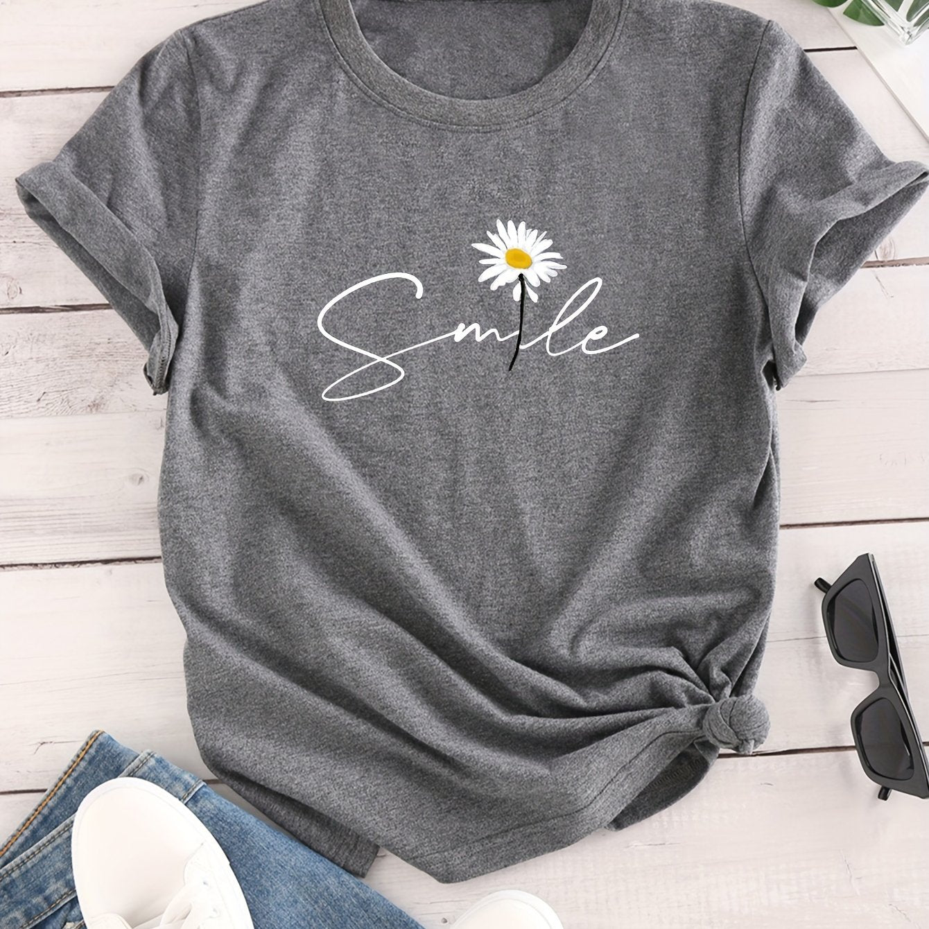 Vibrant Flower & Letter Print Crew Neck T-Shirt - Relaxed Fit, Short Sleeve, Classic Style - Perfect for Spring and Summer, Womens Casual Clothing
