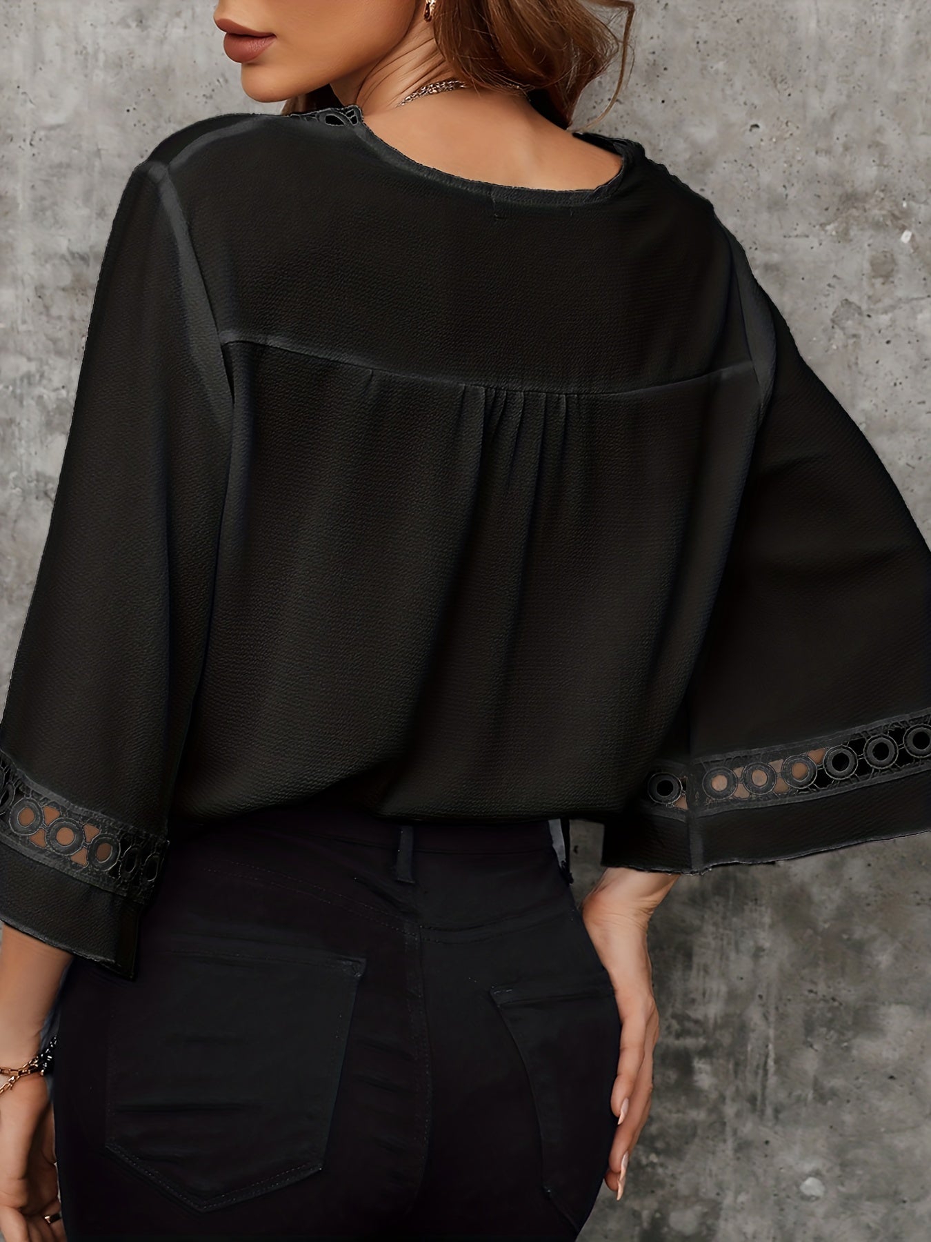 Vibrant 3/4 Sleeve V Neck T-Shirt - Soft Slight Stretch Polyester Fabric, Casual Solid Color Design for Spring & Summer - Regular Length, No Printing, Micro Elasticity, and Woven Construction