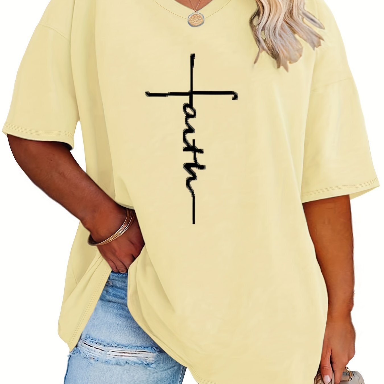 Plus Size Womens V Neck Casual T-shirt - Soft Slight Stretch Polyester Fabric, Alphabets Letter Print, Short Sleeve, Machine Washable - Perfect for Summer