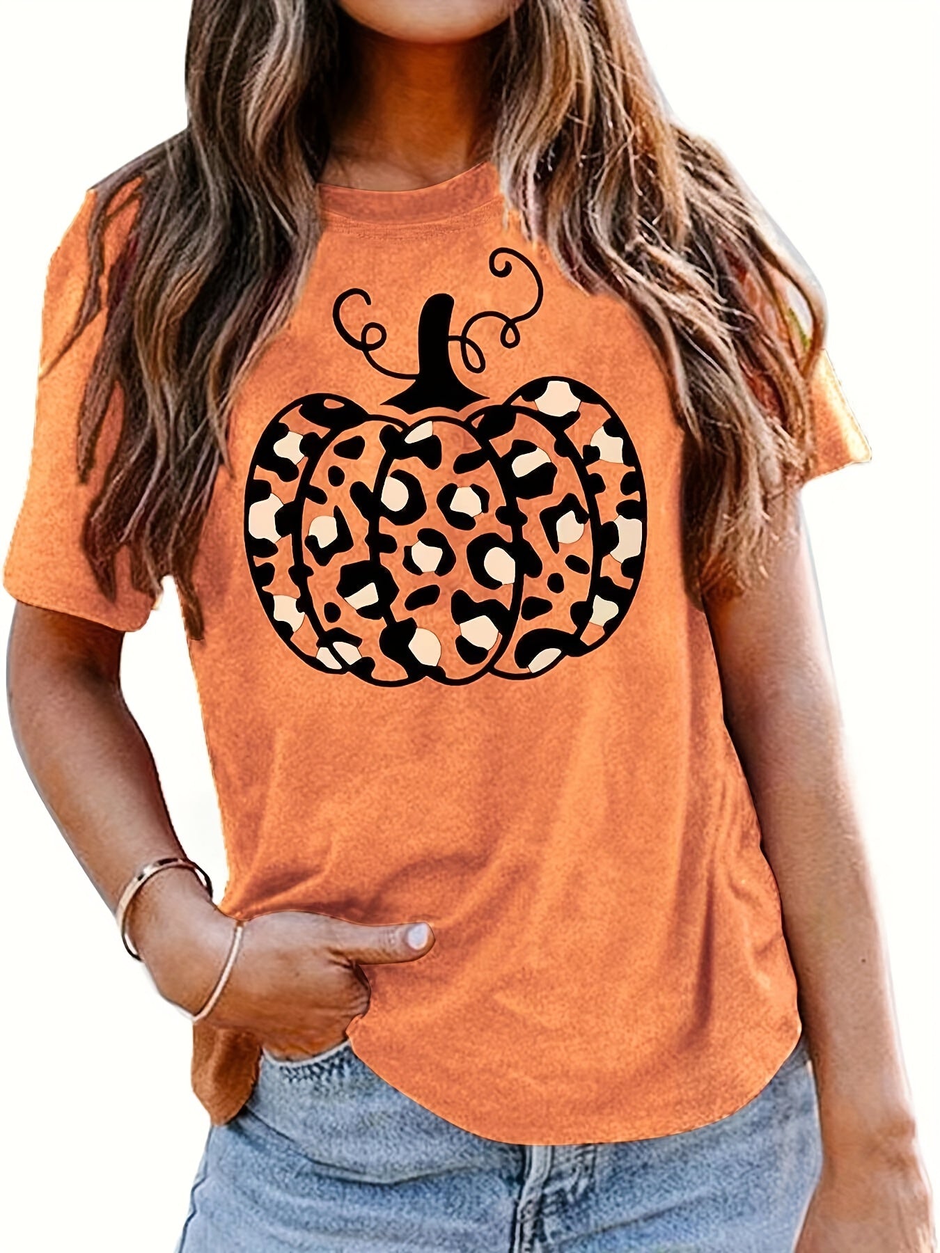Leopard Pumpkin Print T-shirt, Casual Crew Neck Short Sleeve T-shirt, Women's Clothing