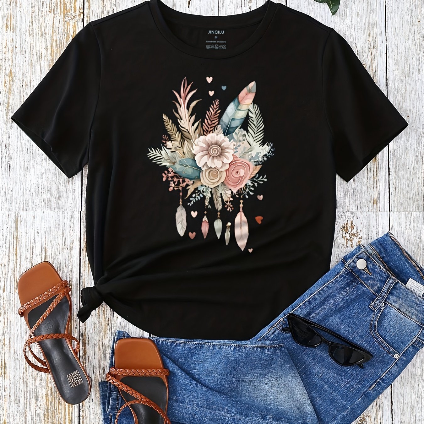 Flower & Feather Print T-shirt, Casual Short Sleeve Crew Neck T-shirt For Spring & Summer, Women's Clothing