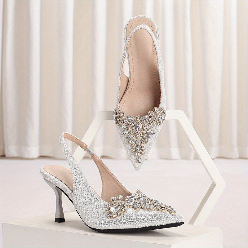 Women's Rhinestone Decor Stiletto Heels, Fashionable Pointed Toe Slingback Pumps, Stylish Dress & Party Shoes