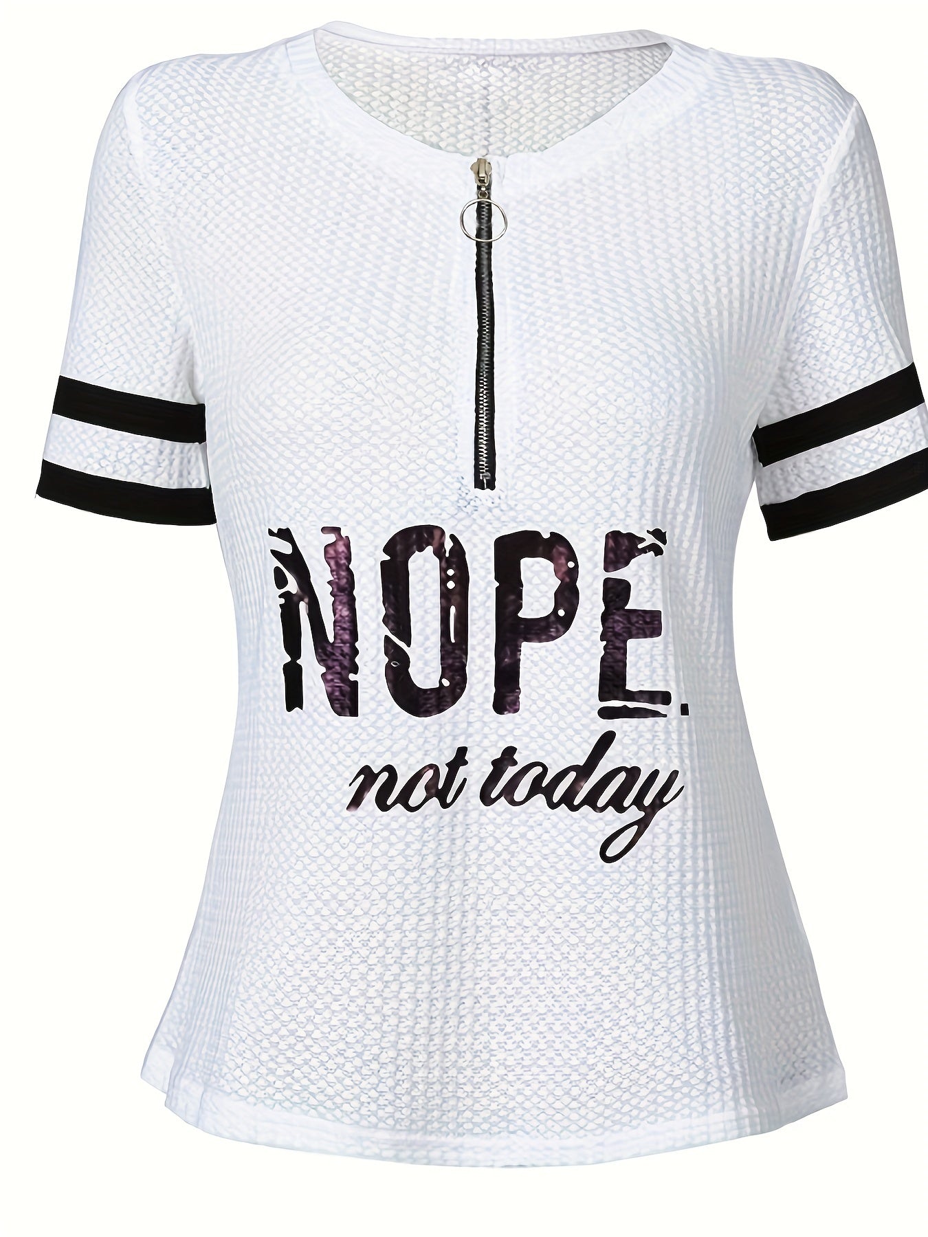 Stripe & Letter Print Zipper Front T-Shirt for Women, Casual Short Sleeve Summer Tops