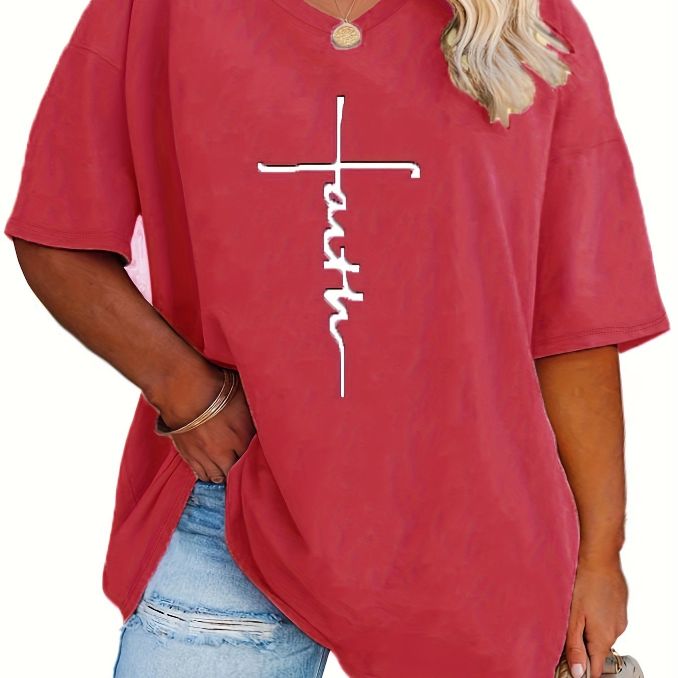 Plus Size Womens V Neck Casual T-shirt - Soft Slight Stretch Polyester Fabric, Alphabets Letter Print, Short Sleeve, Machine Washable - Perfect for Summer