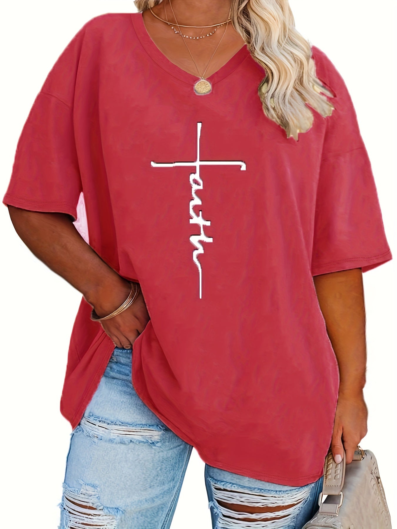 Plus Size Womens V Neck Casual T-shirt - Soft Slight Stretch Polyester Fabric, Alphabets Letter Print, Short Sleeve, Machine Washable - Perfect for Summer