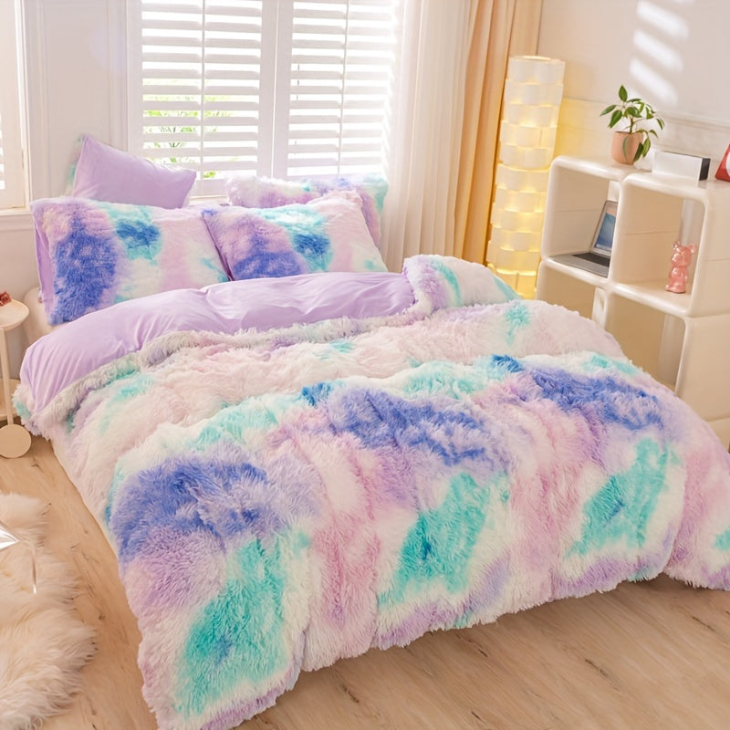 3pcs Y2K Tie Dye Plush Duvet Cover Set ( 1 Duvet Cover + 2 Pillowcase), Soft & Warm Bedding Set