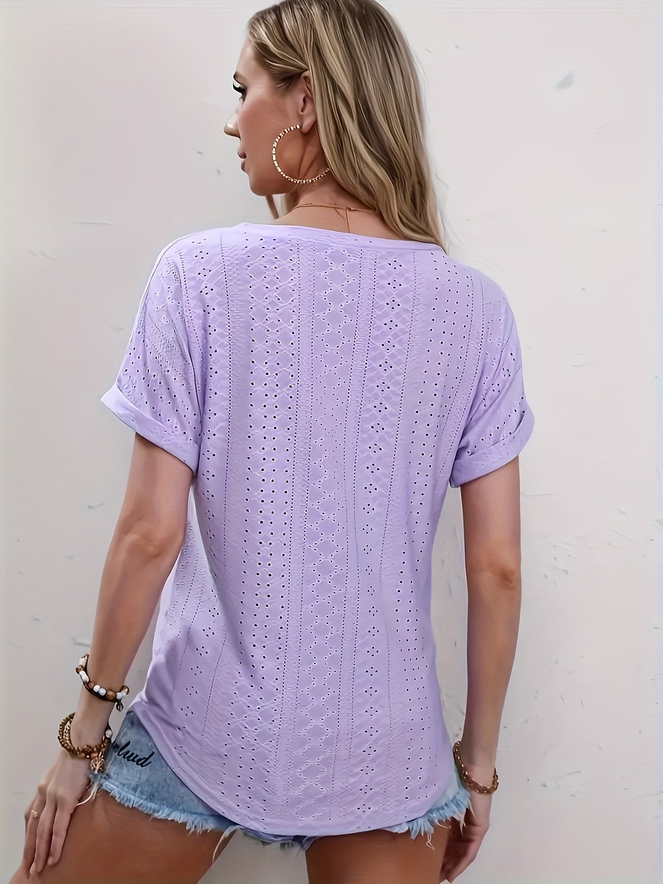 Lace-Detail Eyelet Crew Neck T-Shirt - Relaxed Fit for Ultimate Comfort, Short Sleeve Design for Warm Weather, Perfect for Spring and Summer Seasons, Stylish and Versatile Womens Apparel