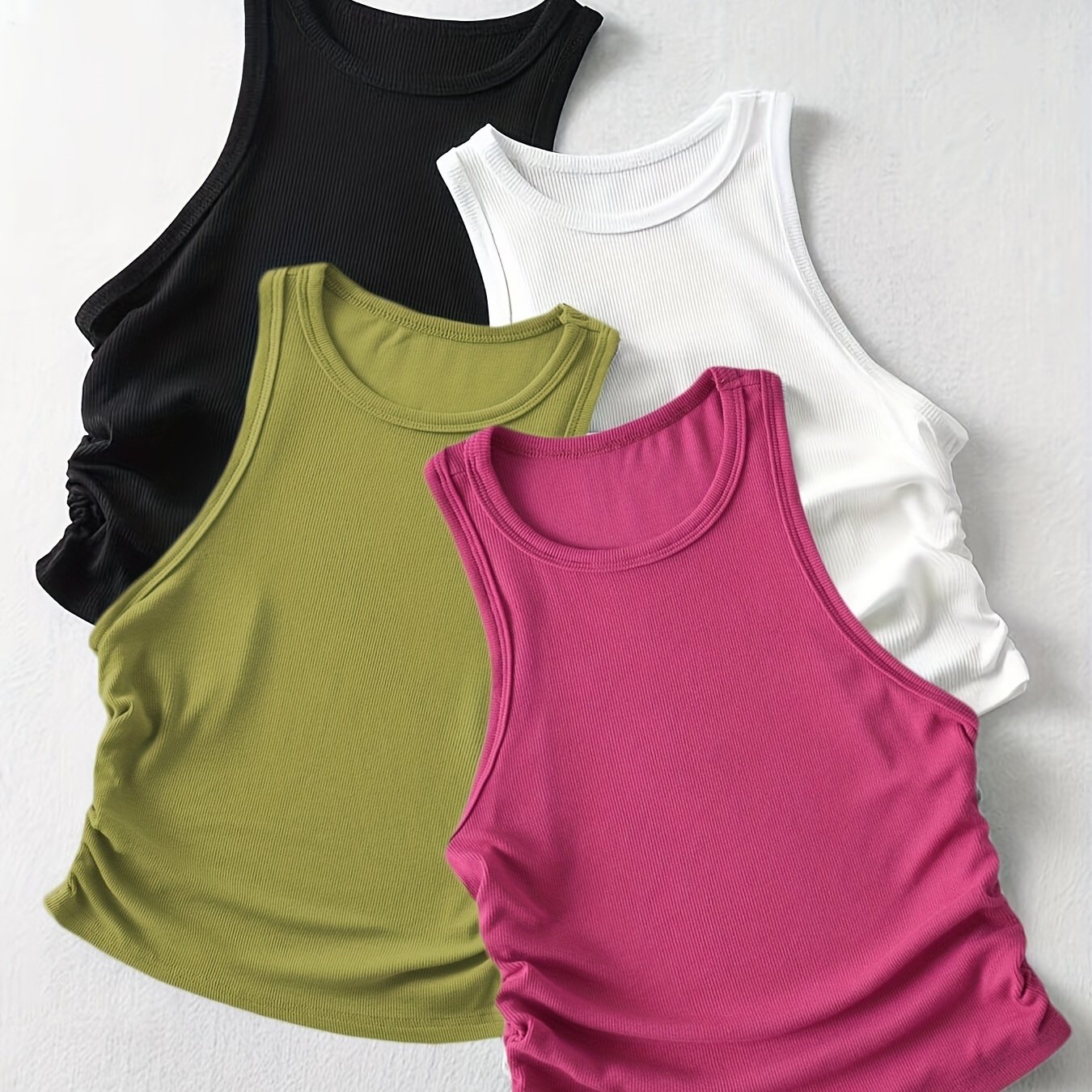 4 Packs Side Ruched Tank Tops, Y2K Crew Neck Tank Tops For Summer, Women's Clothing