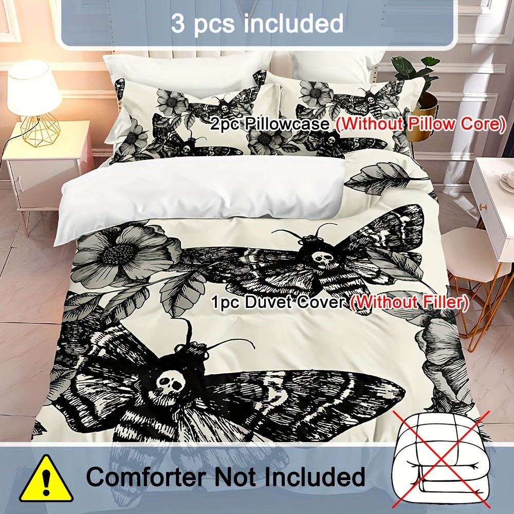 3pcs/set Death's Head Moth and Flower Duvet Cover Set - Soft, Cozy, and Comfortable Bedding with 1pc Duvet Cover and 2pcs Pillowcases for a Peaceful Sleep