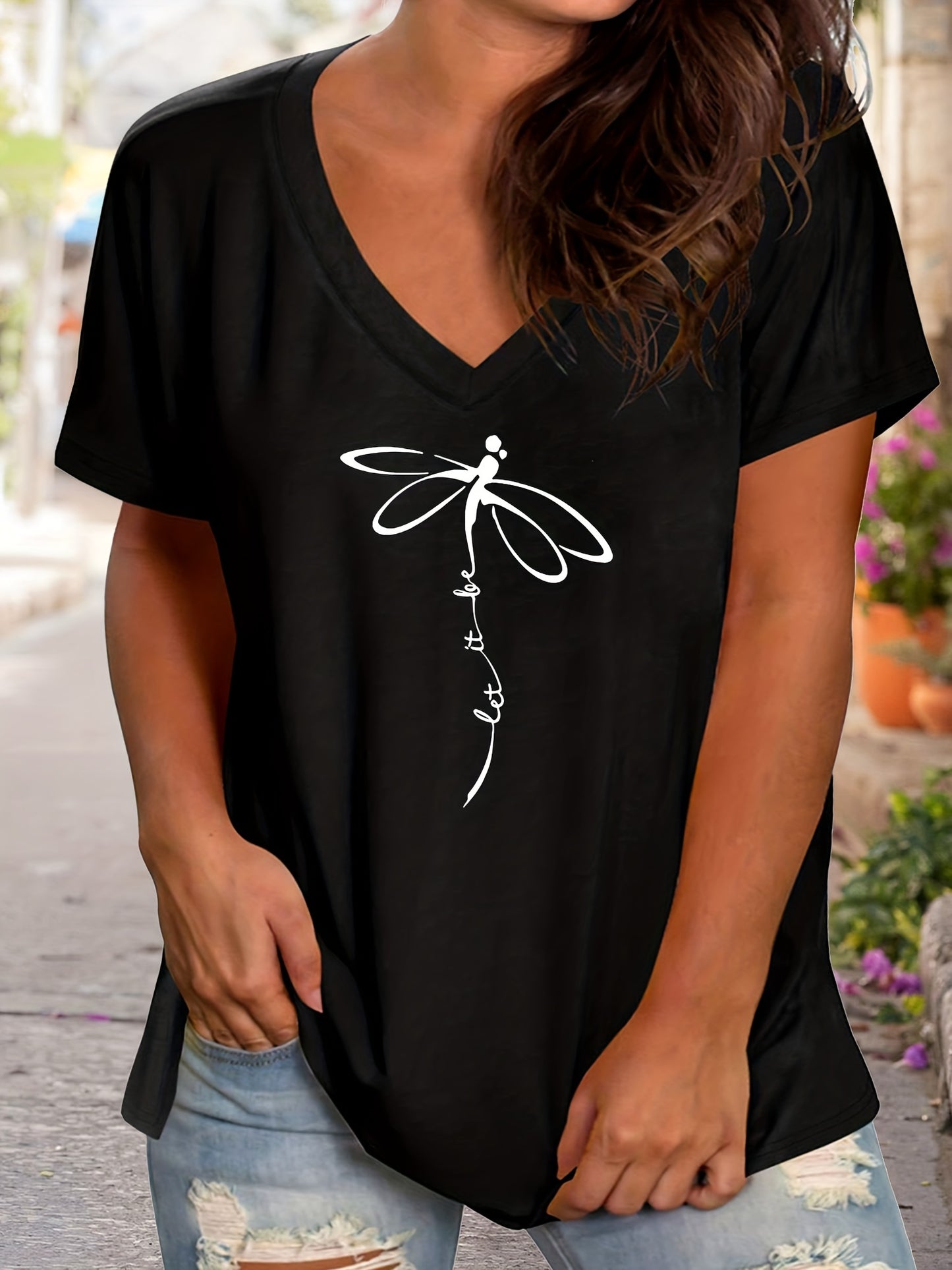 Plus Size Women's Relaxed Fit Graphic Print Short Sleeve V Neck T-Shirt with Slight Stretch for Comfortable Casual Wear