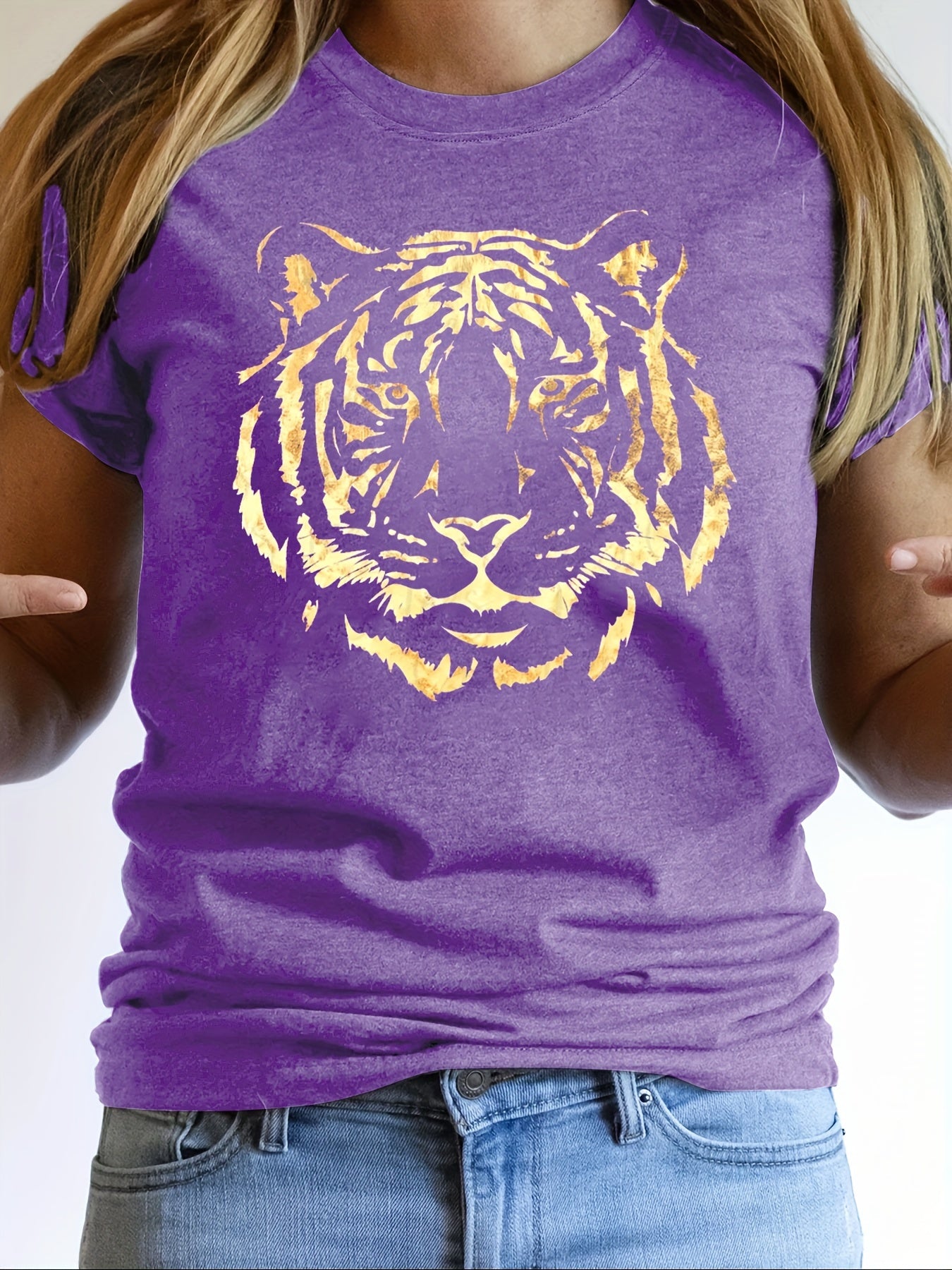 Vibrant Tiger Print Crew Neck T-Shirt - Soft, Breathable, Short Sleeve Top for Spring & Summer - Women's Casual Clothing for Everyday Wear, Relaxed Fit, Perfect for Outdoor Activities