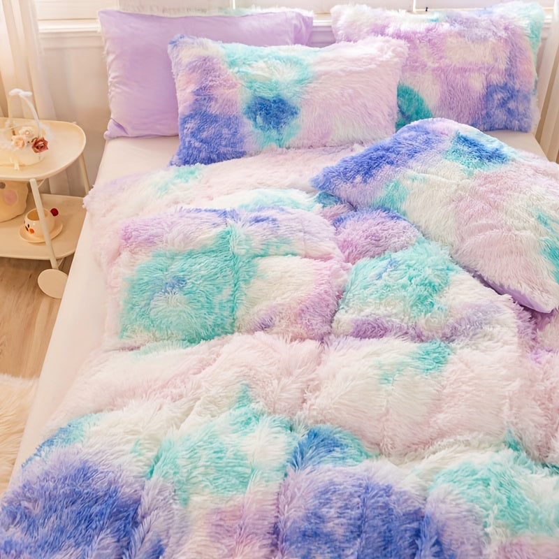 3pcs Y2K Tie Dye Plush Duvet Cover Set ( 1 Duvet Cover + 2 Pillowcase), Soft & Warm Bedding Set