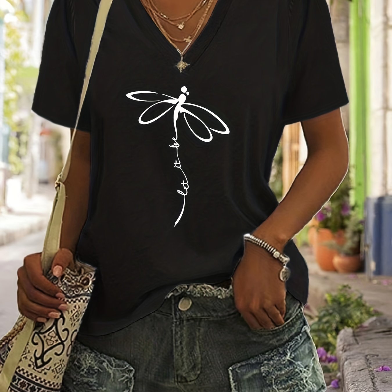 Stylish Dragonfly & Letter Print V Neck Short Sleeve T-shirt - Soft Micro Elasticity Polyester Fabric, Loose Fit, Anime Pattern, Pullover Style - Perfect for Spring, Summer, and Fall Casual Wear