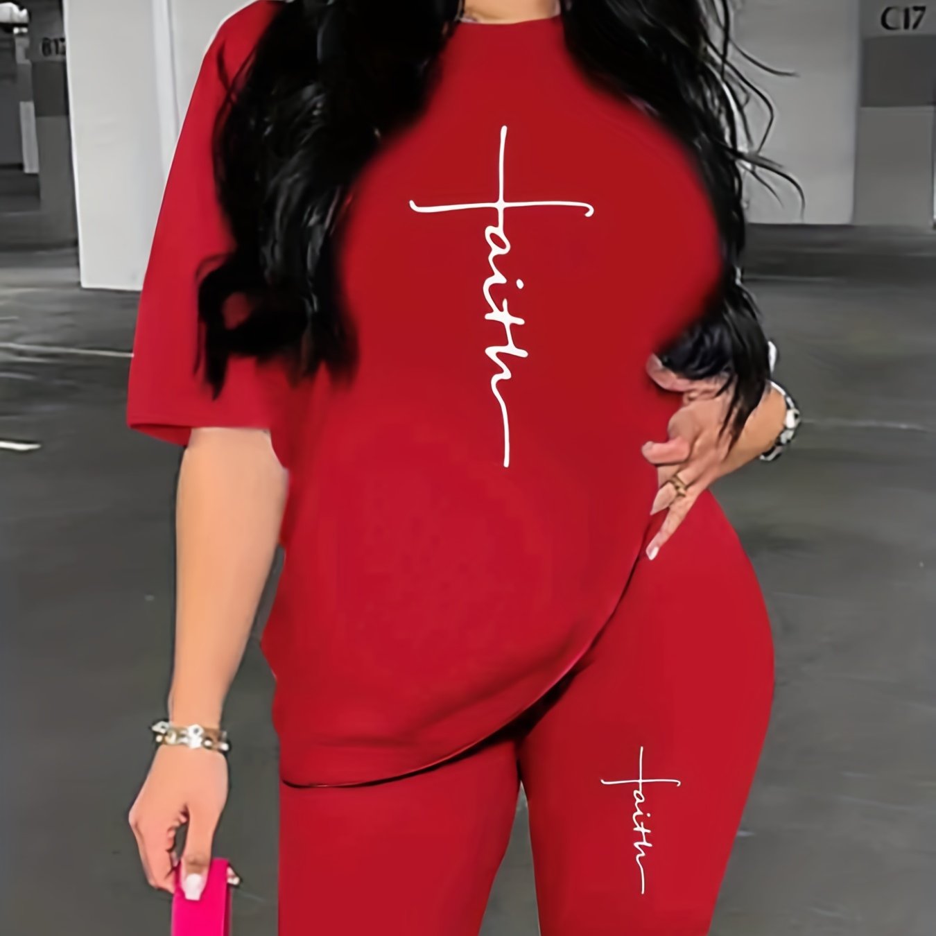 2-Piece Faith & Cross Print Crew Neck Short Sleeve T-Shirt & Shorts Set - Soft Mid-Elasticity Polyester Knit Fabric, Striped Pattern, Positioning Printing, Perfect for Spring & Summer Casual Wear