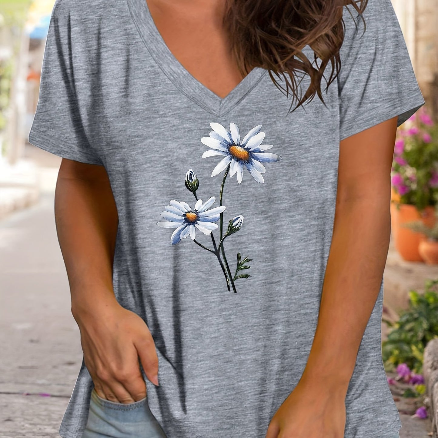 Plus Size Women's Floral Print V Neck Short Sleeve Graphic Tee Casual T-shirt