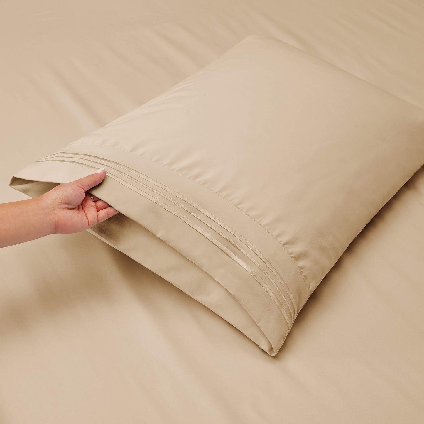 3/4pcs Luxurious Beige Embroidered Bedding Set - Soft Elegance, 1 Flat Sheet, 1 Fitted Sheet, 1/2 Pillowcases - Cozy Bedroom Essentials for Revitalized Sleep