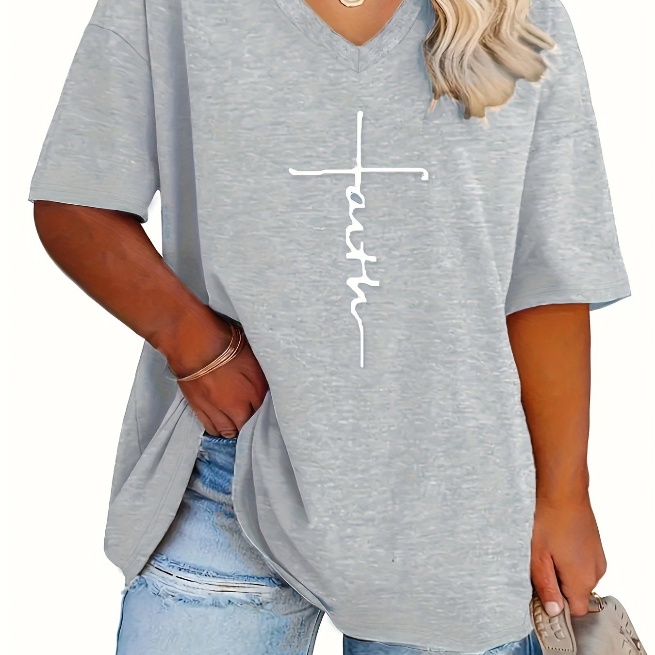 Plus Size Womens V Neck Casual T-shirt - Soft Slight Stretch Polyester Fabric, Alphabets Letter Print, Short Sleeve, Machine Washable - Perfect for Summer